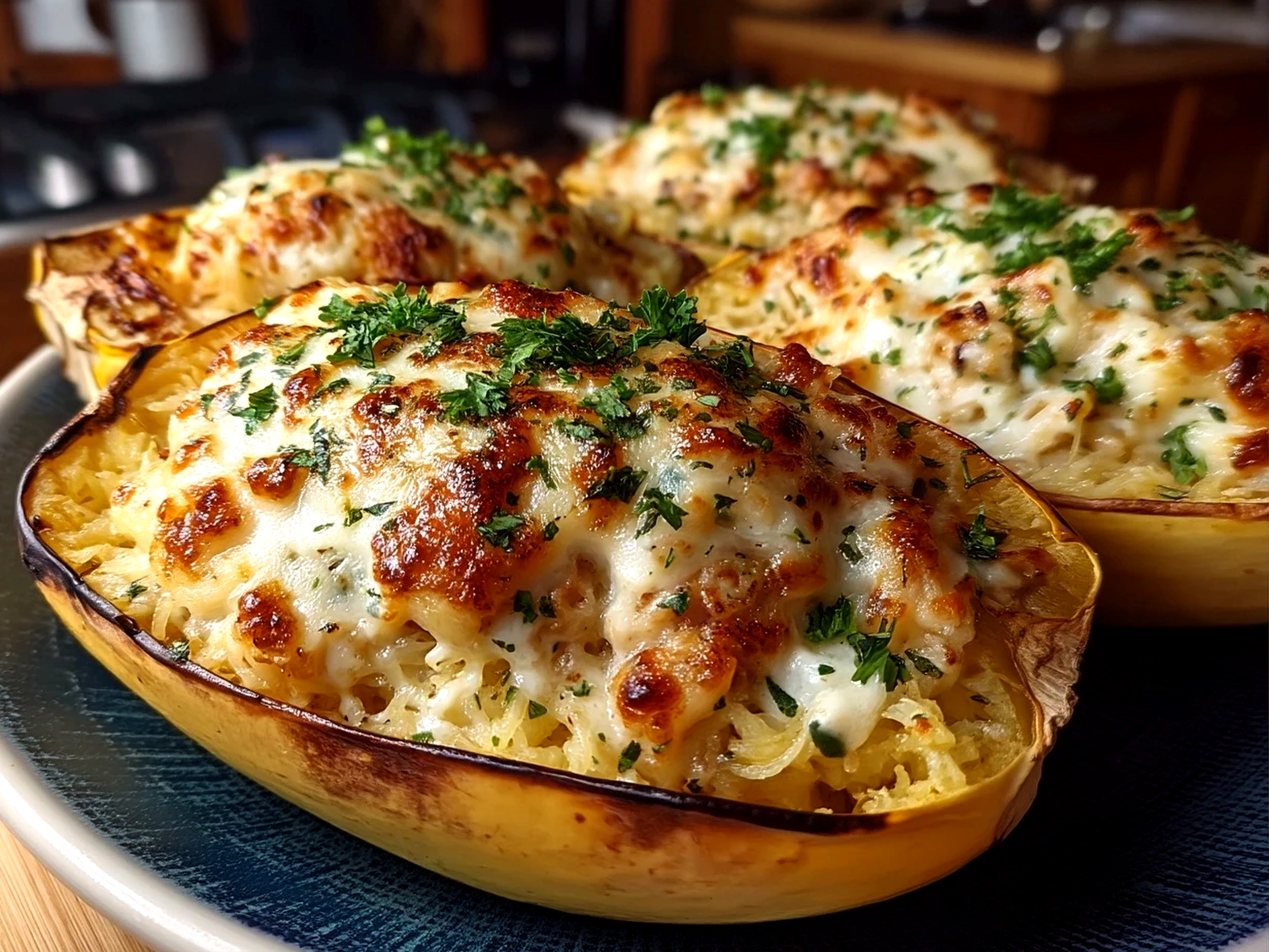 Close-up of finished Spaghetti Squash Alfredo Boats garnished with parsley