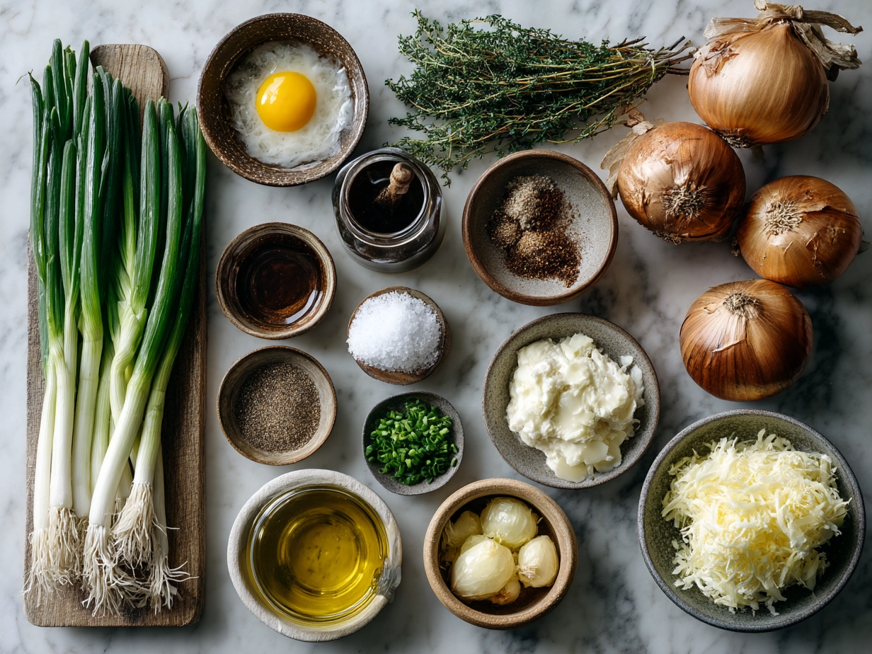 Ingredients for French Onion Soup laid out including onions, Gruyere cheese, baguette, and seasonings