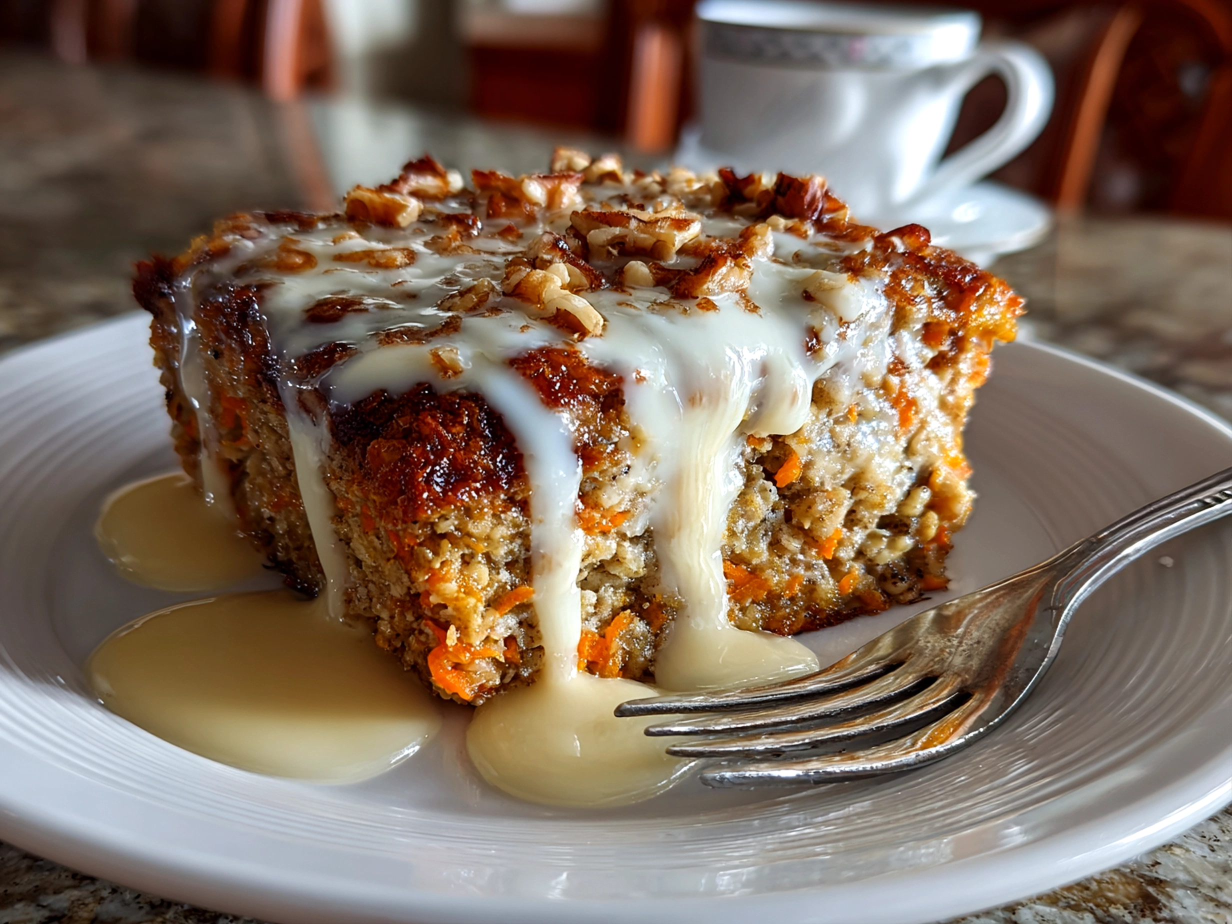 Freshly baked carrot cake baked oatmeal on white plate