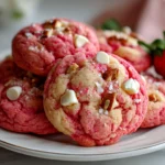 Freshly baked strawberry cake mix cookies cooling on a wire rack