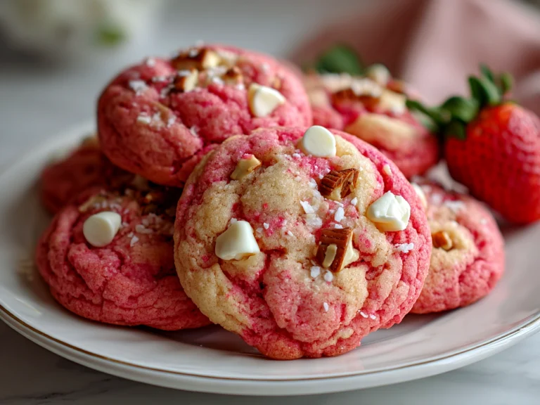 Freshly baked strawberry cake mix cookies cooling on a wire rack