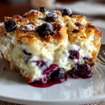 Freshly prepared Blueberry Cream Cheese Croissant Casserole on white plate