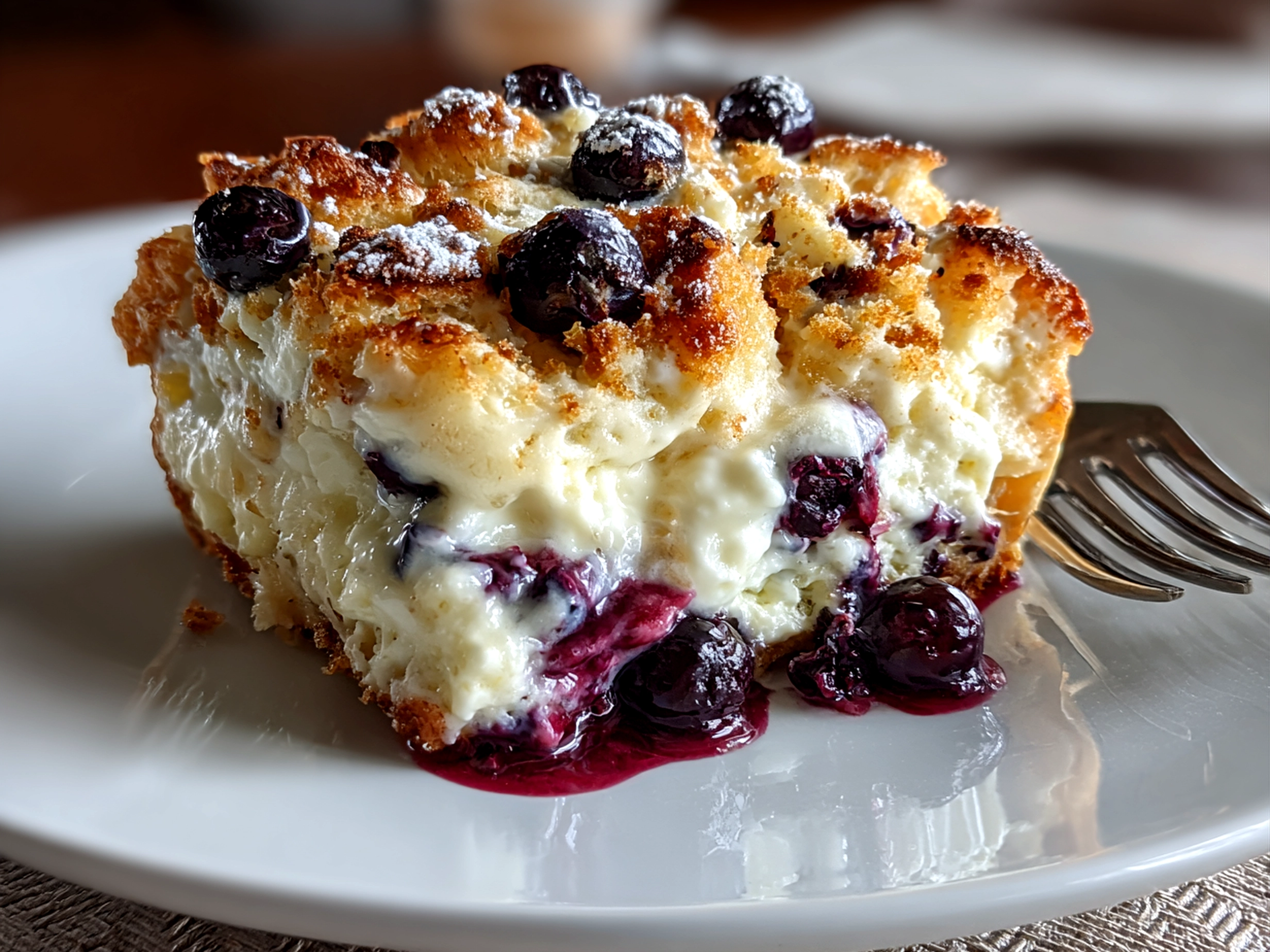 Freshly prepared Blueberry Cream Cheese Croissant Casserole on white plate