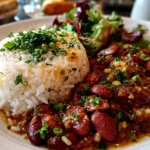 Freshly prepared Cajun Red Beans and Rice with savory sausage