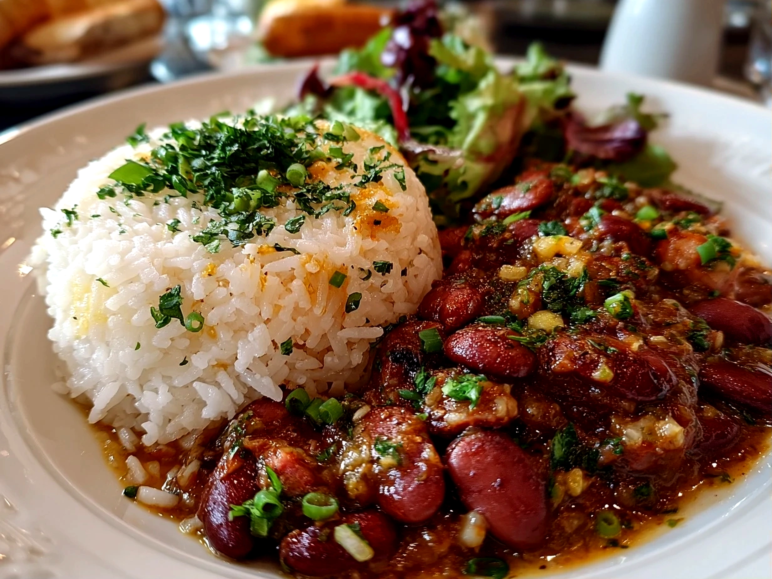 Freshly prepared Cajun Red Beans and Rice with savory sausage