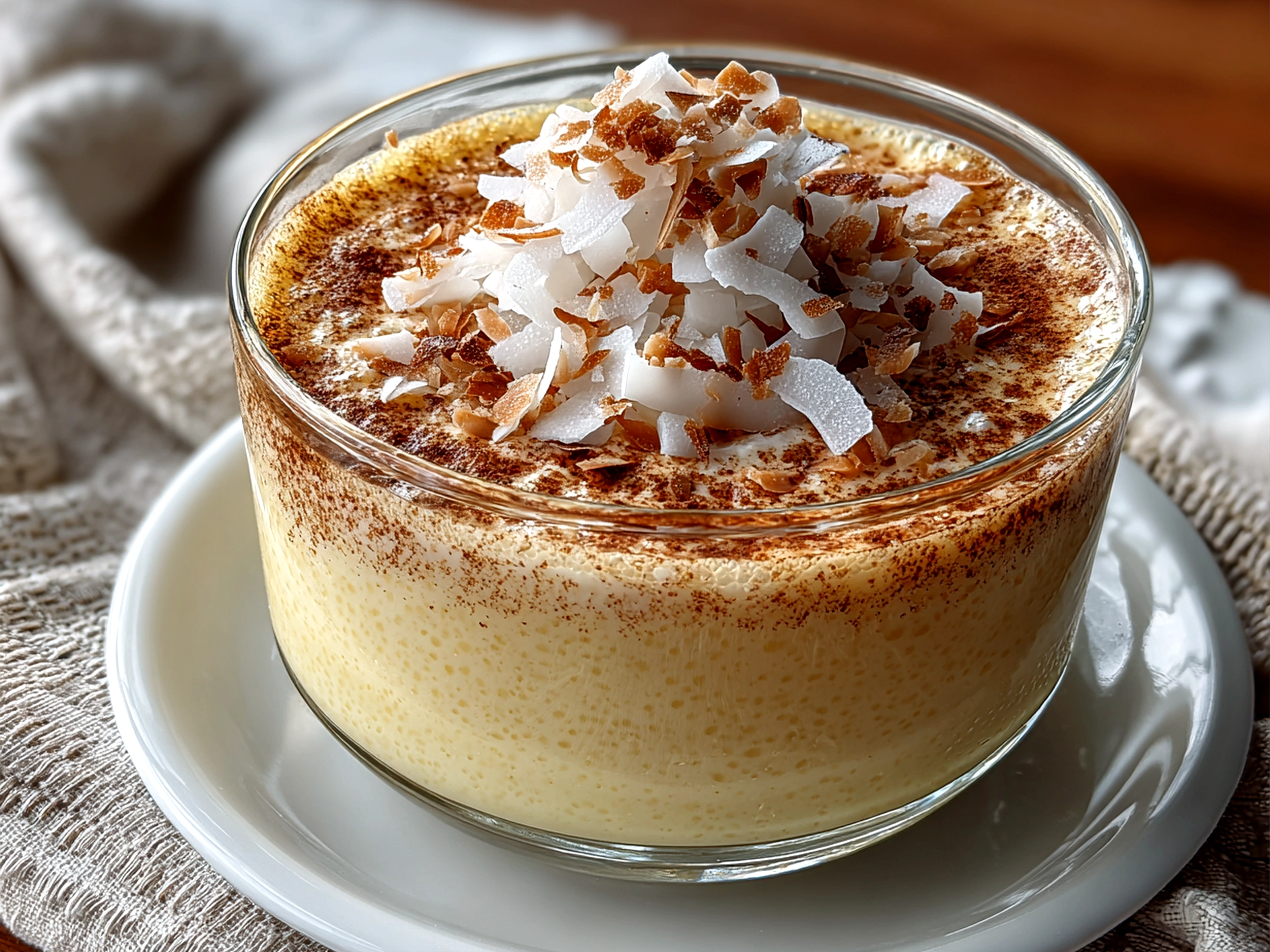 Freshly prepared Coquito Puerto Rican Coconut on white plate