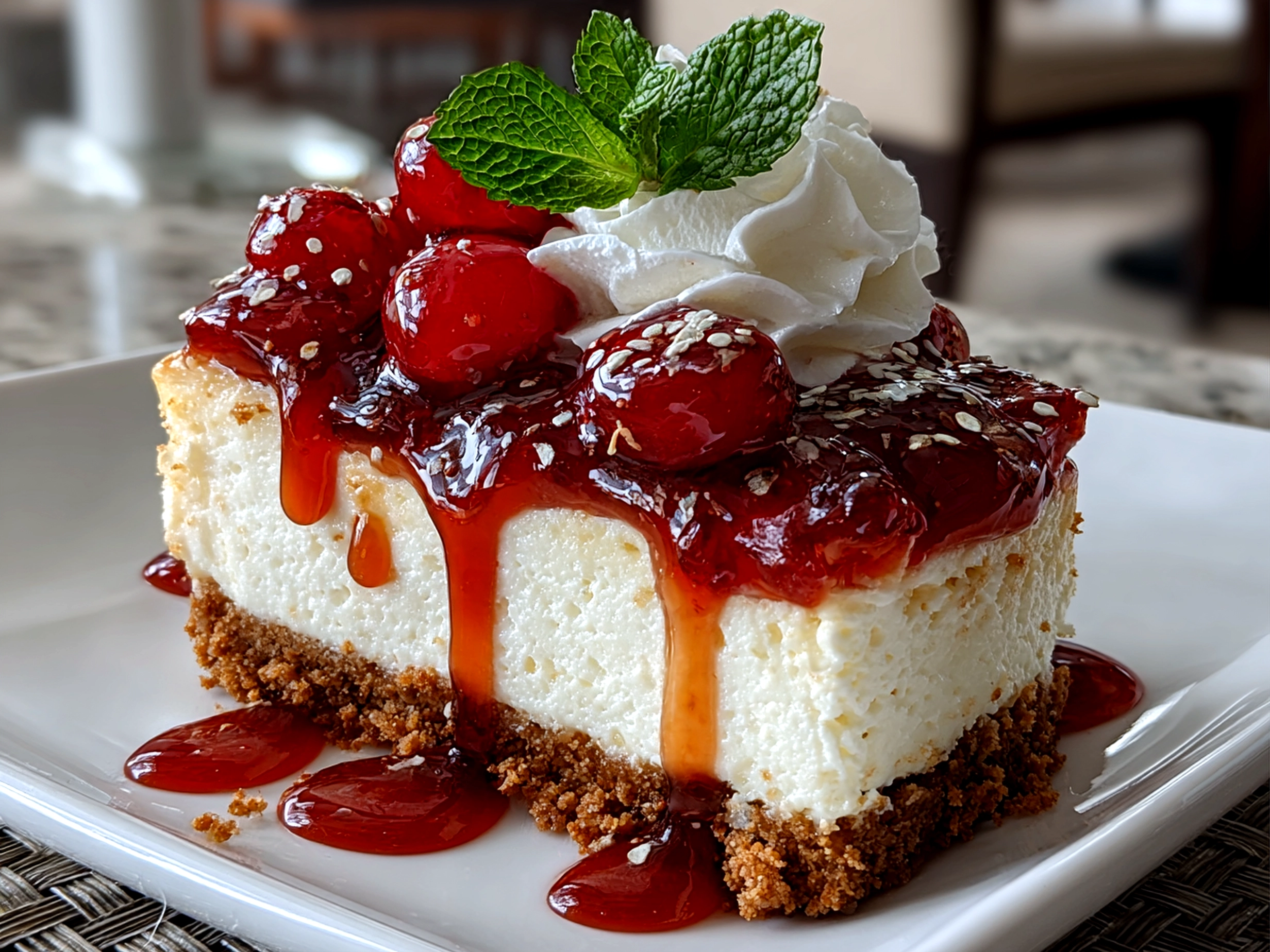 Freshly prepared No-Bake Greek Yogurt Jello Cheesecake slice on white plate