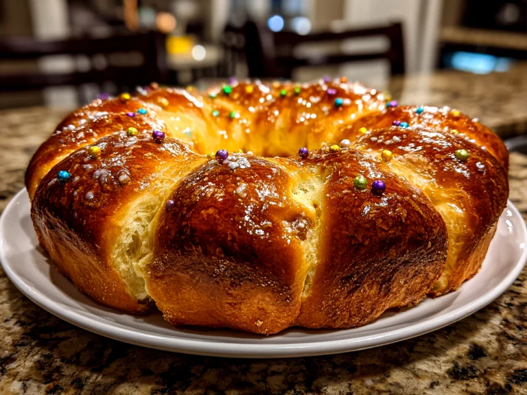 Freshly prepared Traditional King Cake on white plate