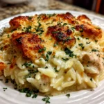 Home Cook, taken with iPhone 14 Pro. Close-up slight angle of comforting Chicken Pot Pie Orzo on white plate. Rich inviting --ar 4:3 --style raw --s 240