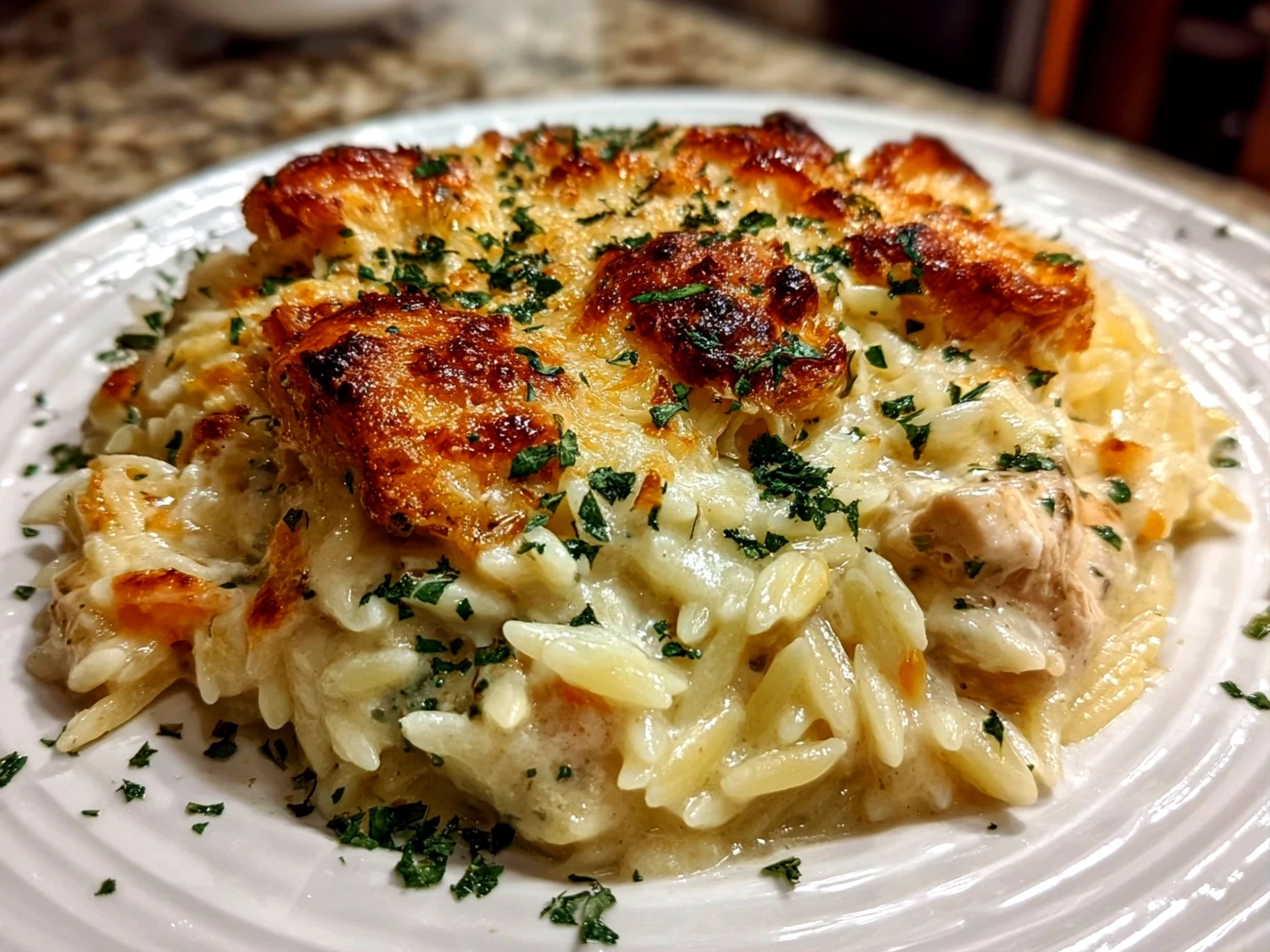 Home Cook, taken with iPhone 14 Pro. Close-up slight angle of comforting Chicken Pot Pie Orzo on white plate. Rich inviting --ar 4:3 --style raw --s 240