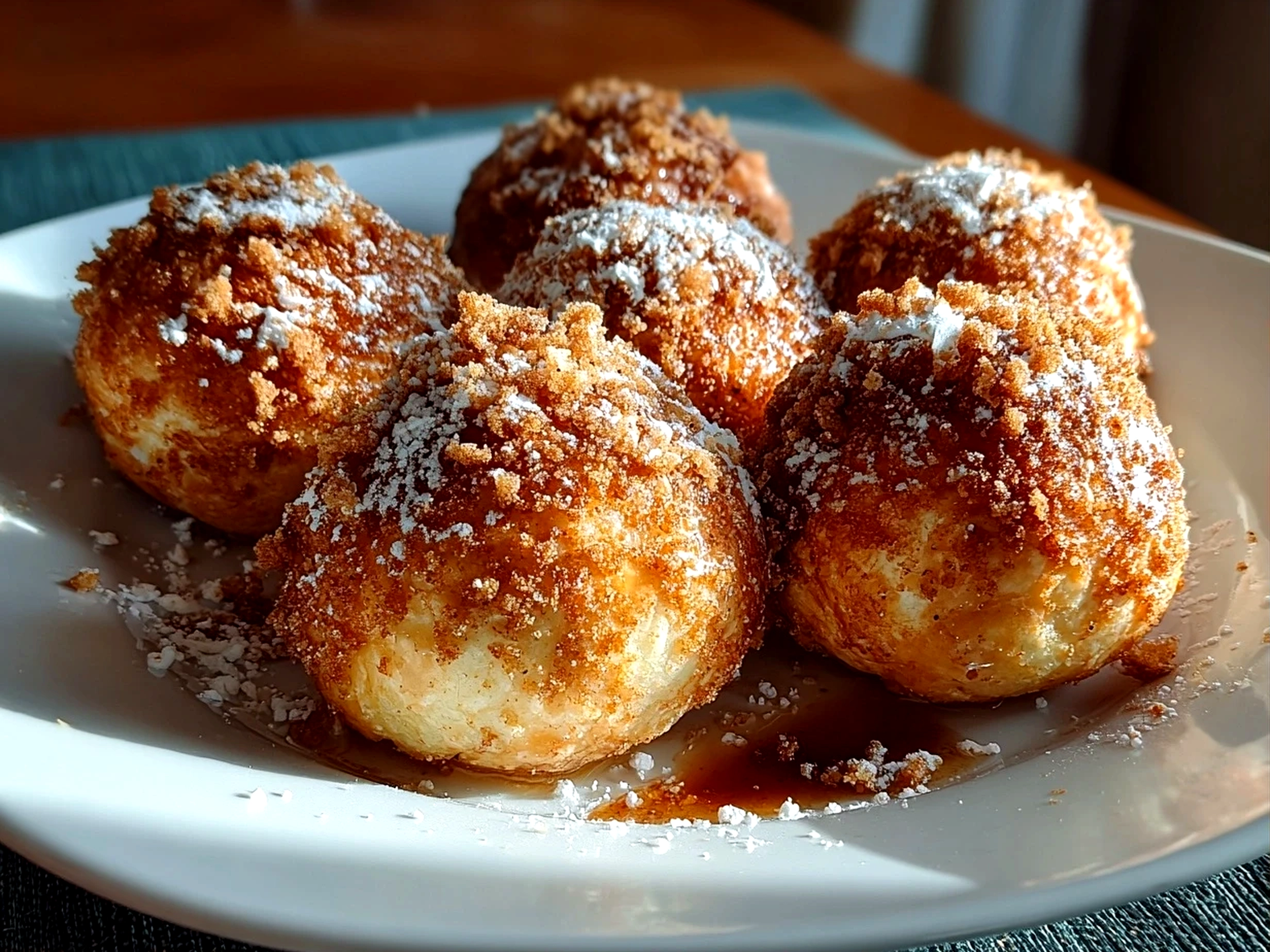 Home cook, taken with iPhone 14 Pro. Close-up slight angle of freshly prepared Air Fryer Apple Pie Bombs on white plate. Warm appetizing --ar 4:3 --style raw --s 250