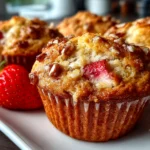 Home Cook, taken with iPhone 14 Pro. Close-up slight angle of homemade Strawberry Banana Muffins on white plate. Fresh vibrant --ar 4:3 --style raw --s 240