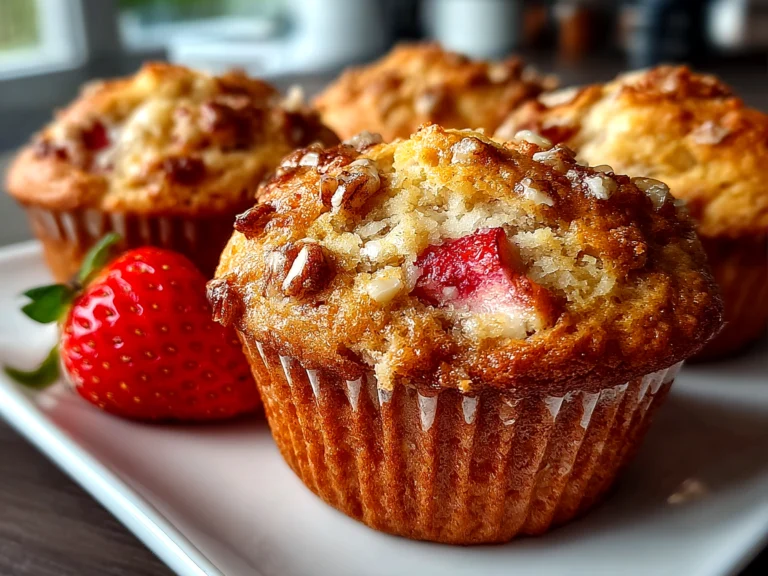 Home Cook, taken with iPhone 14 Pro. Close-up slight angle of homemade Strawberry Banana Muffins on white plate. Fresh vibrant --ar 4:3 --style raw --s 240