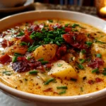 Home cook, taken with iPhone 14. Close-up slight angle of comforting loaded potato soup on white plate. Hearty comforting --ar 4:3 --style raw --s 250