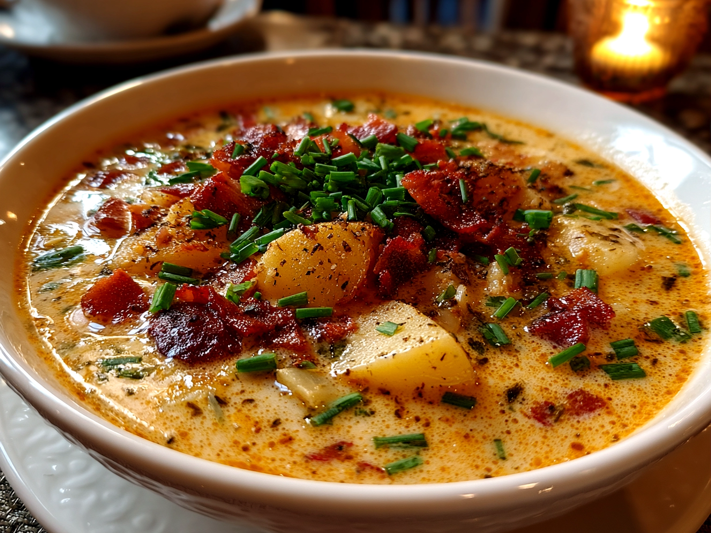 Home cook, taken with iPhone 14. Close-up slight angle of comforting loaded potato soup on white plate. Hearty comforting --ar 4:3 --style raw --s 250