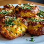 Home cook, taken with iPhone 14. Close-up slight angle of freshly prepared Baked Smashed Garlic Parmesan Potatoes on white plate. Rich inviting --ar 4:3 --style raw --s 240