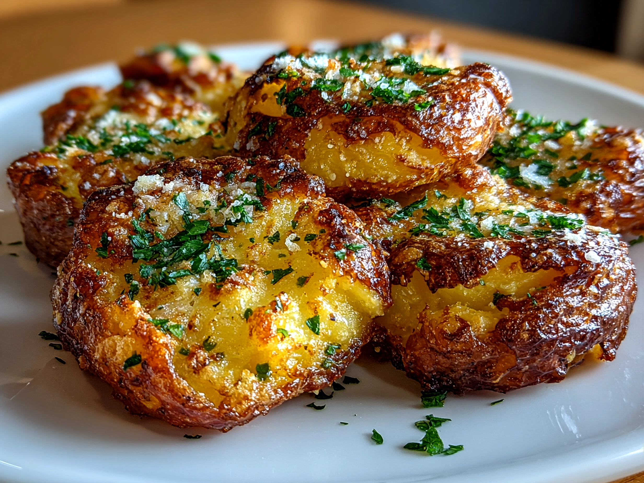 Home cook, taken with iPhone 14. Close-up slight angle of freshly prepared Baked Smashed Garlic Parmesan Potatoes on white plate. Rich inviting --ar 4:3 --style raw --s 240