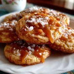 Home cook, taken with iPhone 14. Close-up slight angle of freshly prepared salted caramel cookies on white plate. Mouthwatering --ar 4:3 --style raw --s 260