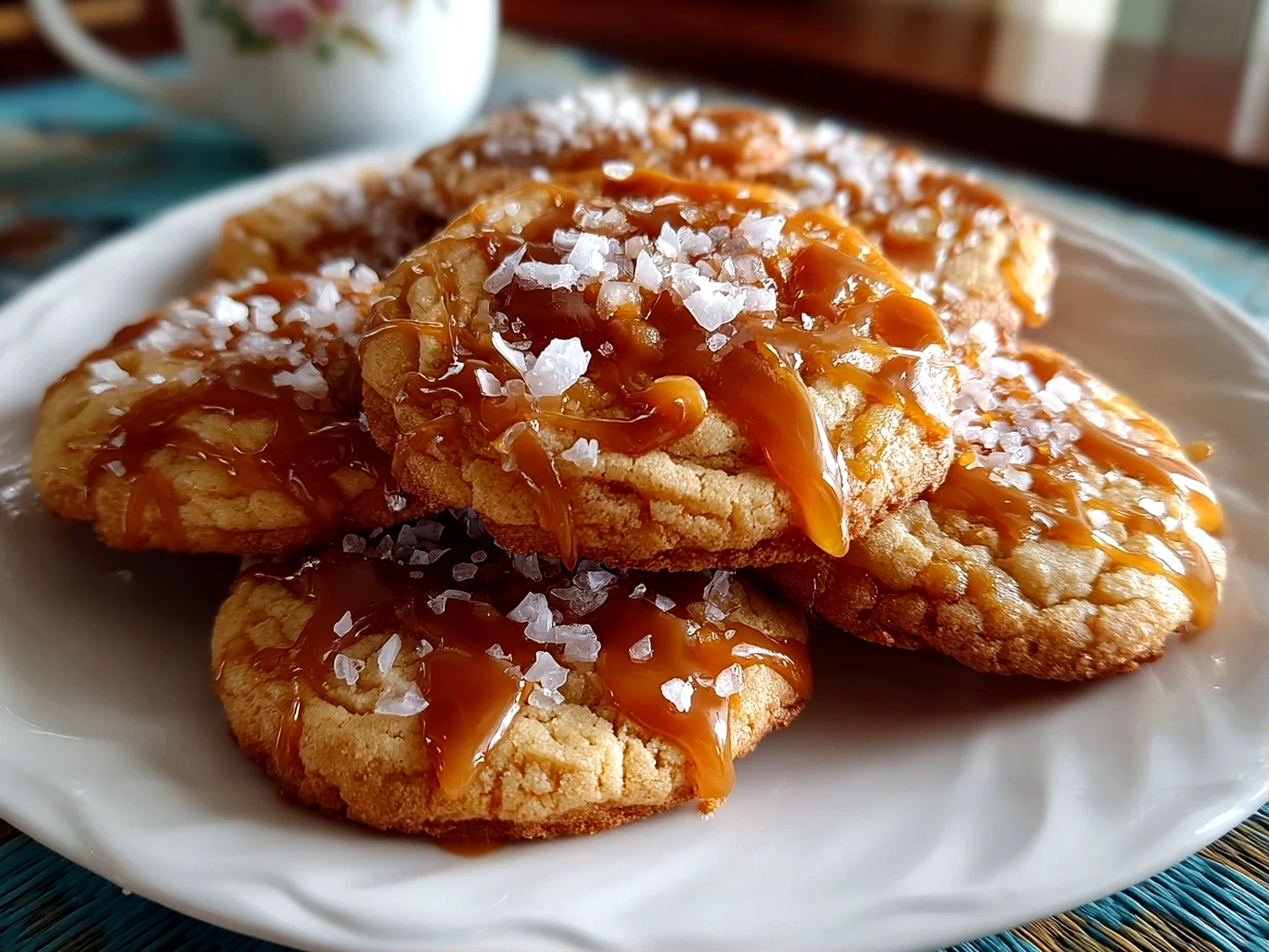 Home cook, taken with iPhone 14. Close-up slight angle of freshly prepared salted caramel cookies on white plate. Mouthwatering --ar 4:3 --style raw --s 260
