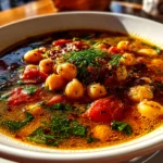 Home kitchen lighting on Greek Chickpea Soup in rustic bowl