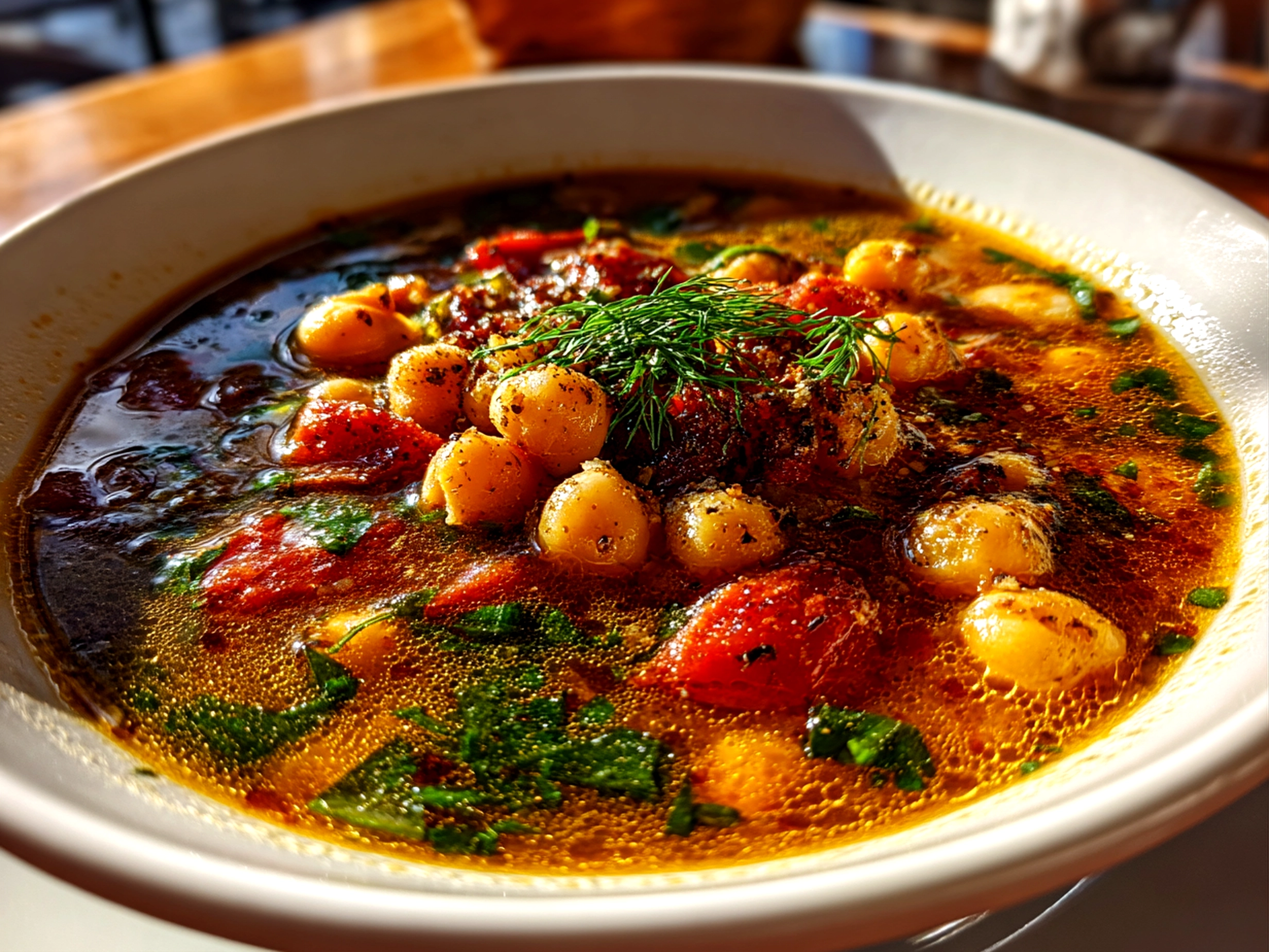 Home kitchen lighting on Greek Chickpea Soup in rustic bowl