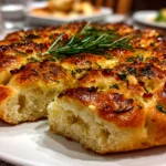 Home kitchen, taken with iPhone 15 Pro. Close-up slight angle of freshly prepared focaccia decorative loaf on white plate. Warm appetizing --ar 4:3 --style raw --s 230