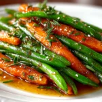 Homemade honey glazed carrots and green beans on white plate