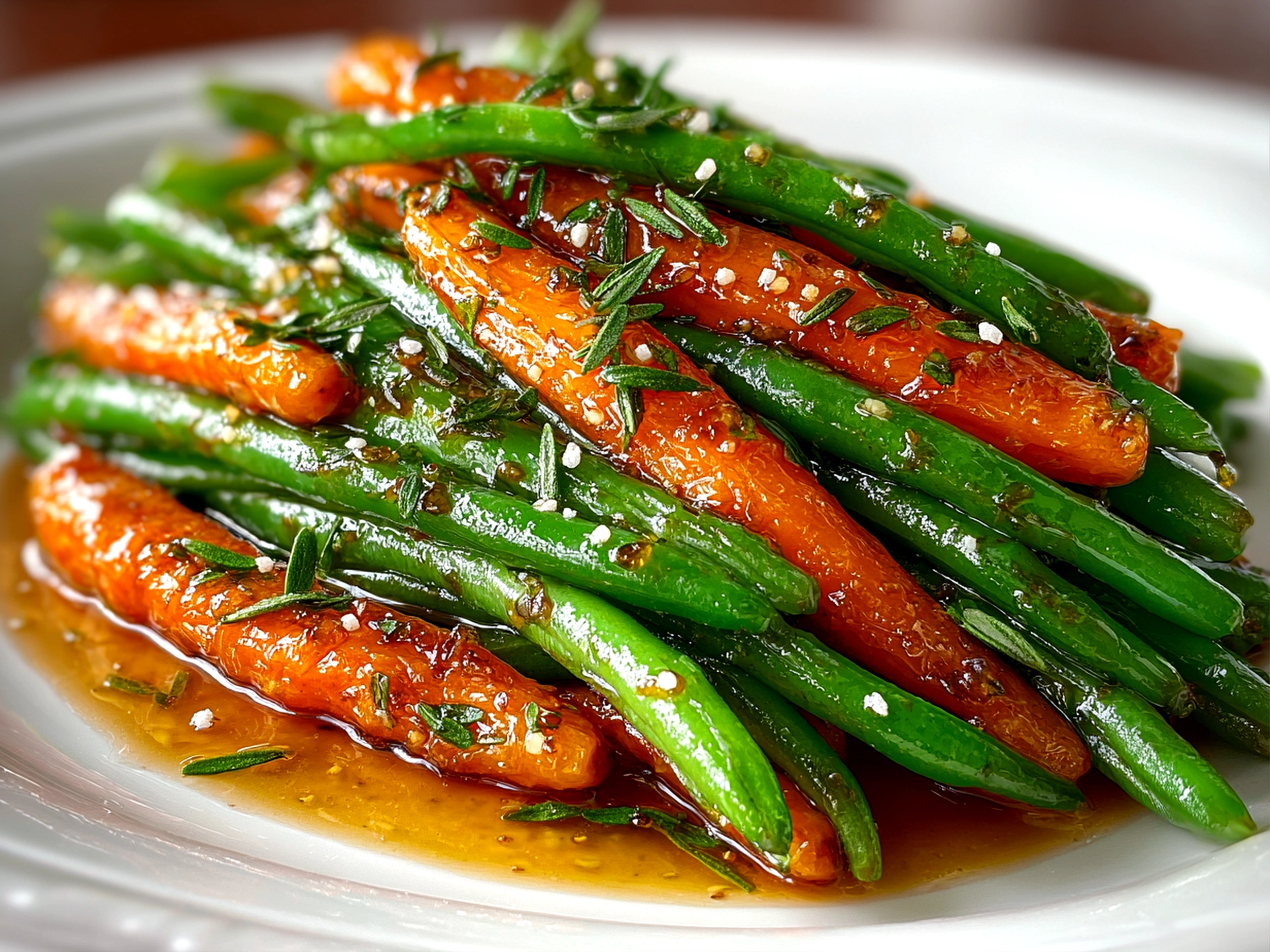 Homemade honey glazed carrots and green beans on white plate