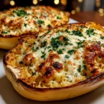 Homemade Spaghetti Squash Alfredo Boats Close-Up