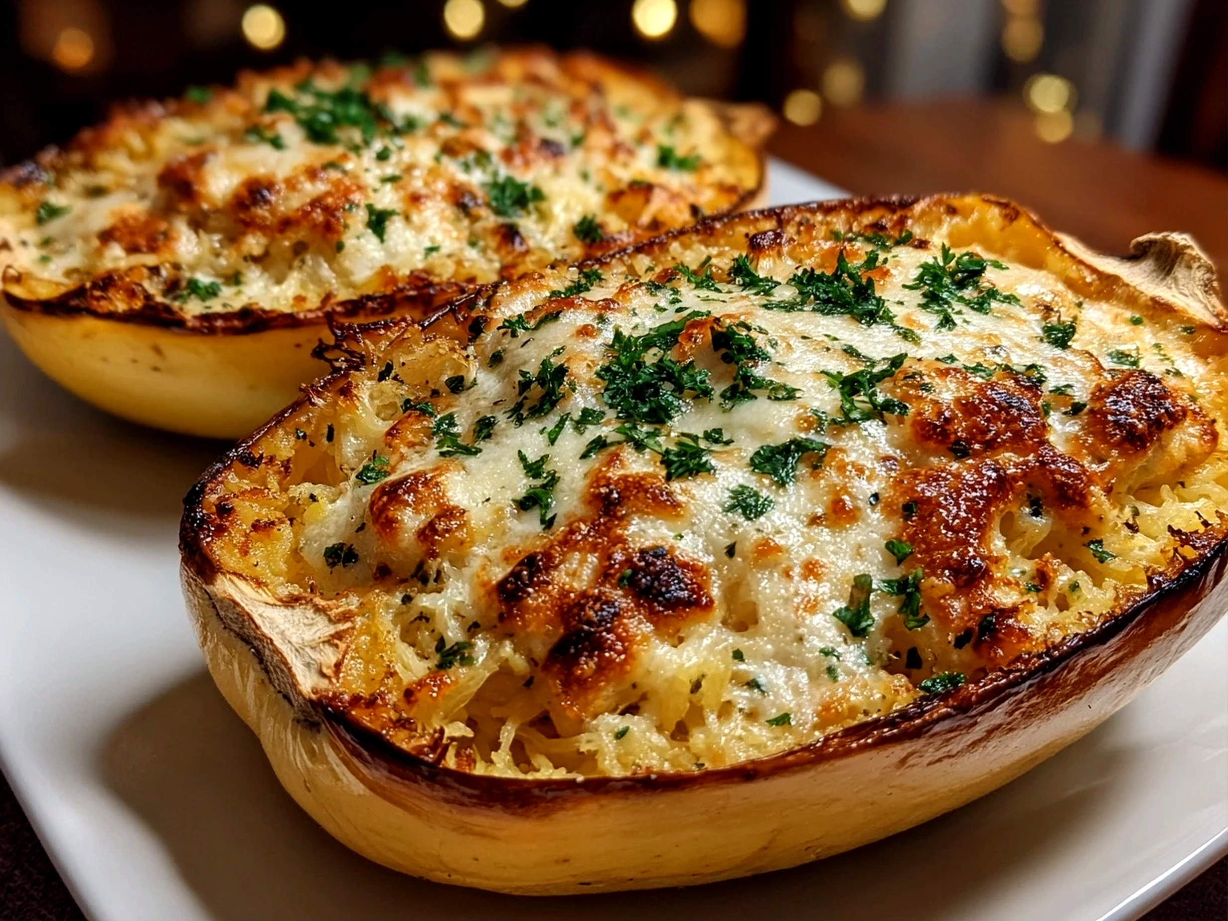 Homemade Spaghetti Squash Alfredo Boats Close-Up