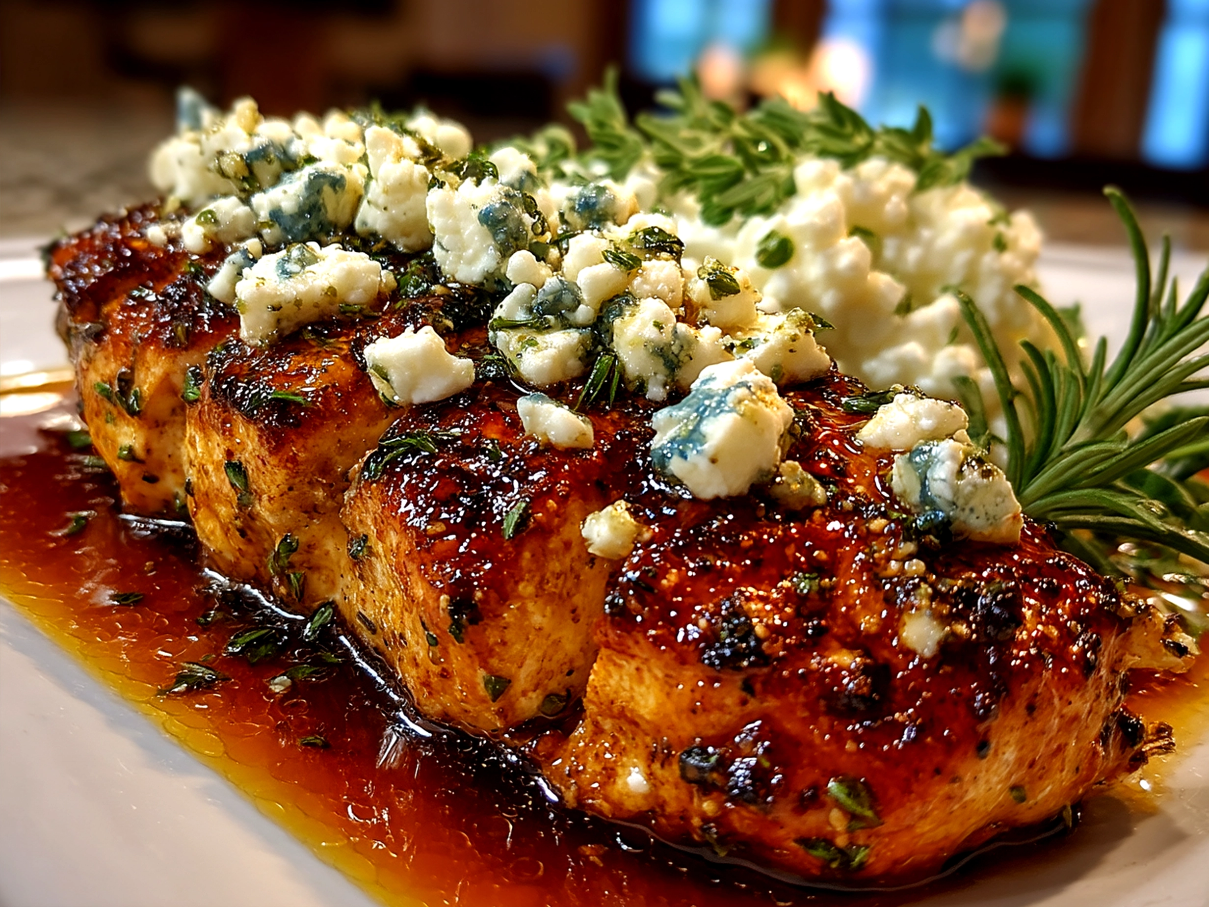 Served Hot Honey Infused Feta Chicken with herbs and lemon wedges