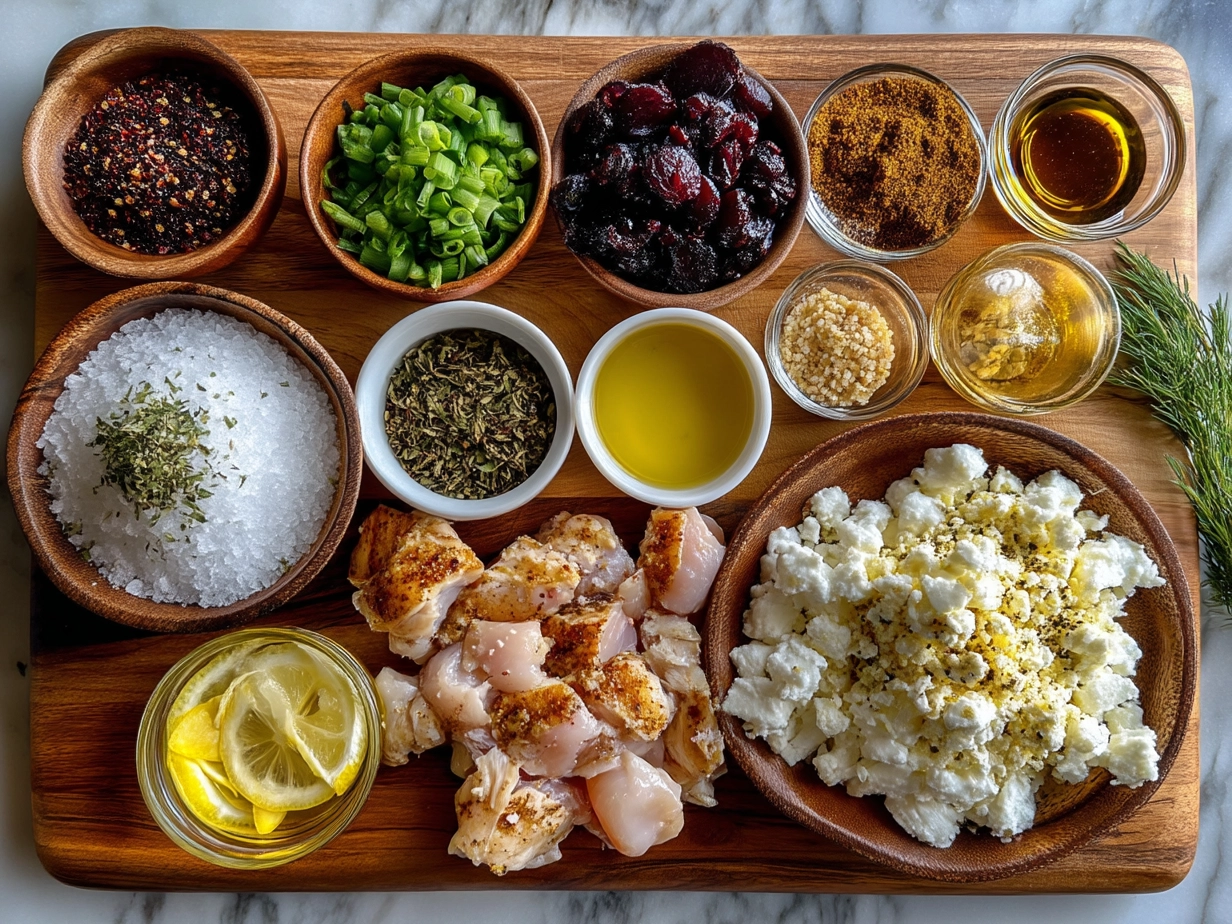 Ingredients for Hot Honey Infused Feta Chicken laid out on a surface