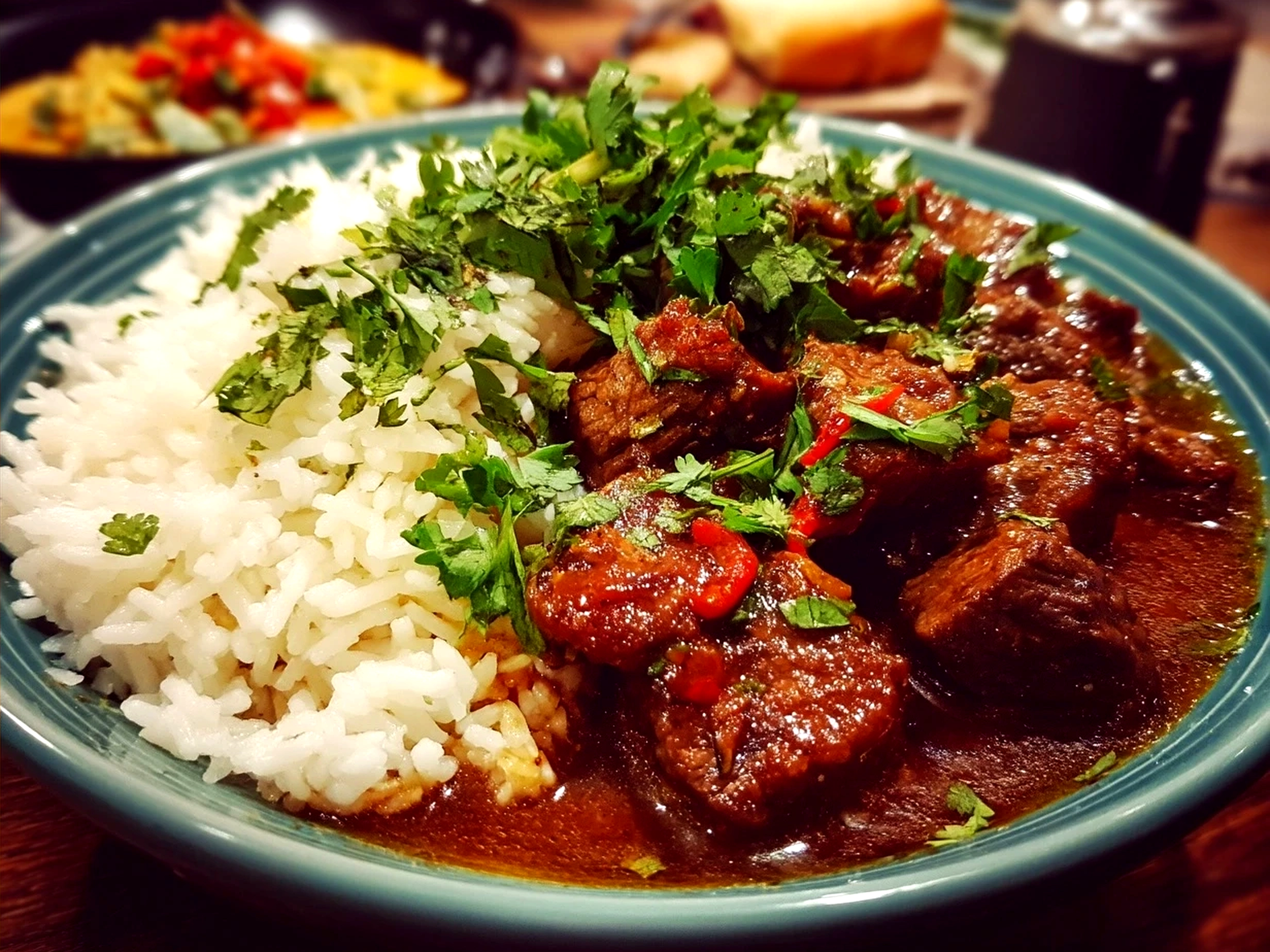 Indian Beef Curry served over basmati rice garnished with fresh cilantro