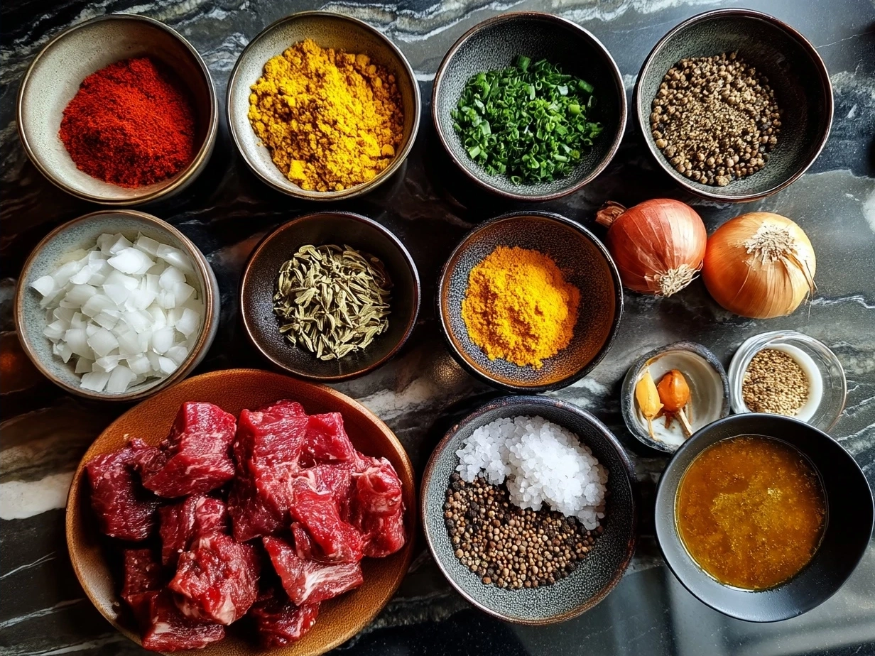 Ingredients laid out for Indian Beef Curry in Slow Cooker