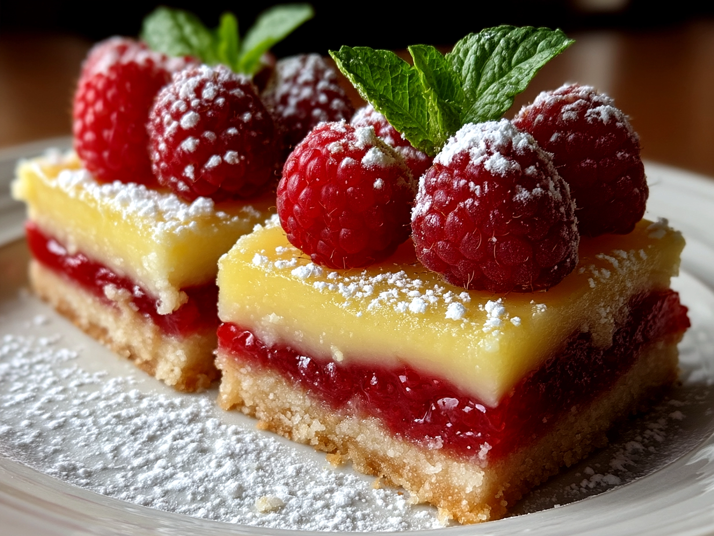 Deliciously served Lemon and Sweet Raspberry Bars on a white serving plate garnished with fresh raspberries and mint
