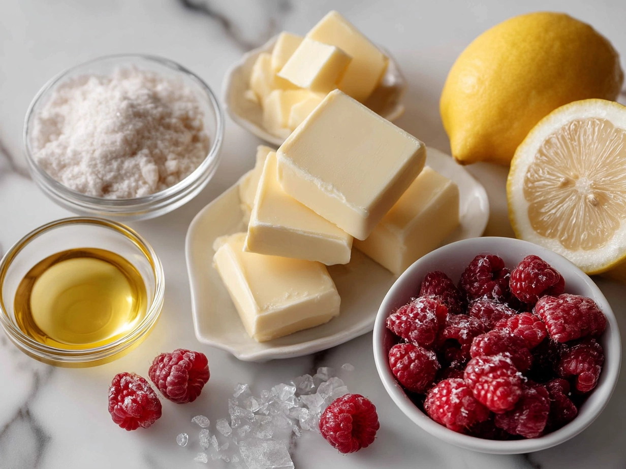 Ingredients for Lemon and Sweet Raspberry Bars including flour, sugar, butter, eggs, lemons, and fresh raspberries
