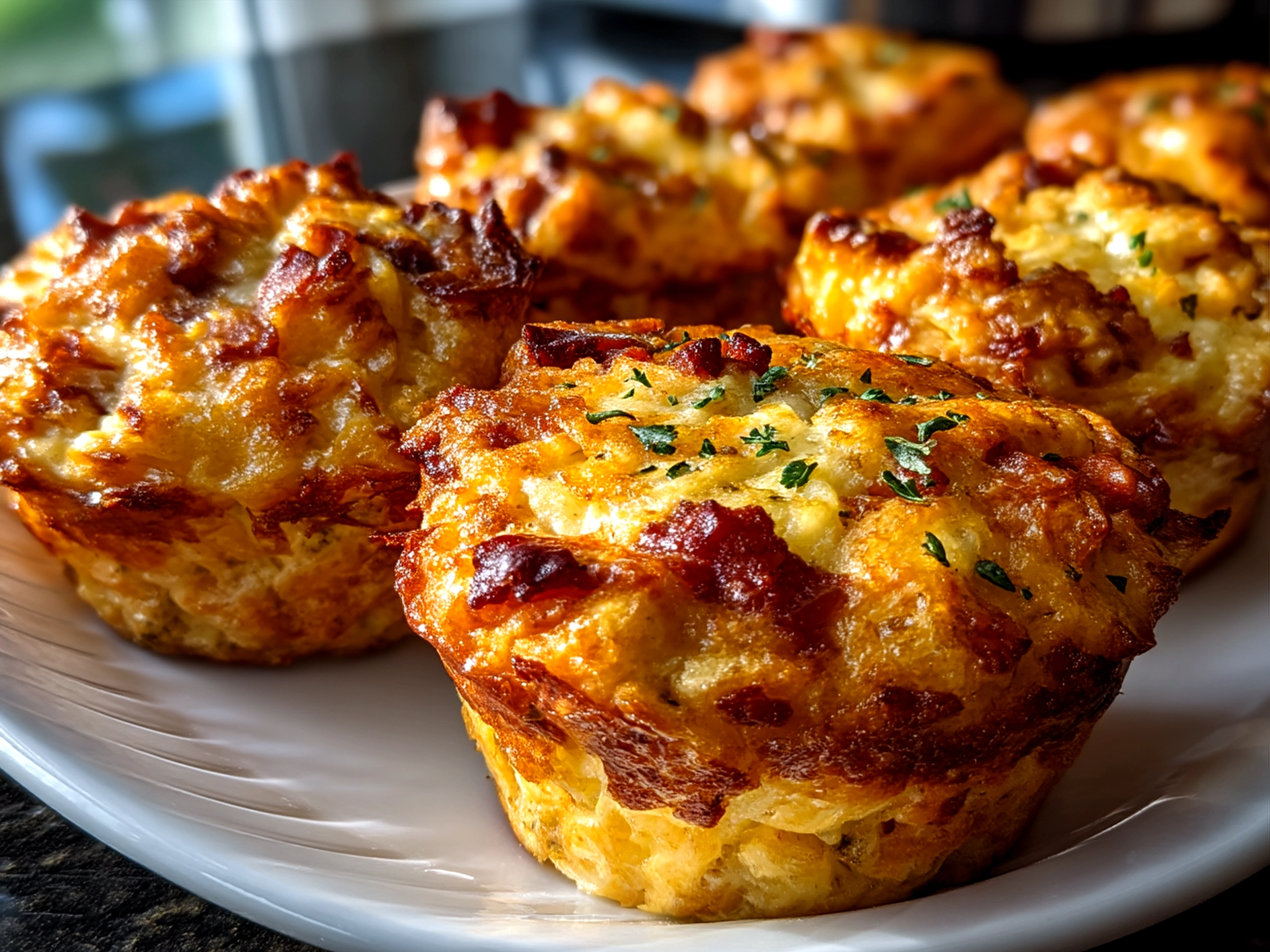 Plated Loaded Bacon and Egg Hash Brown Muffins ready to serve with garnish