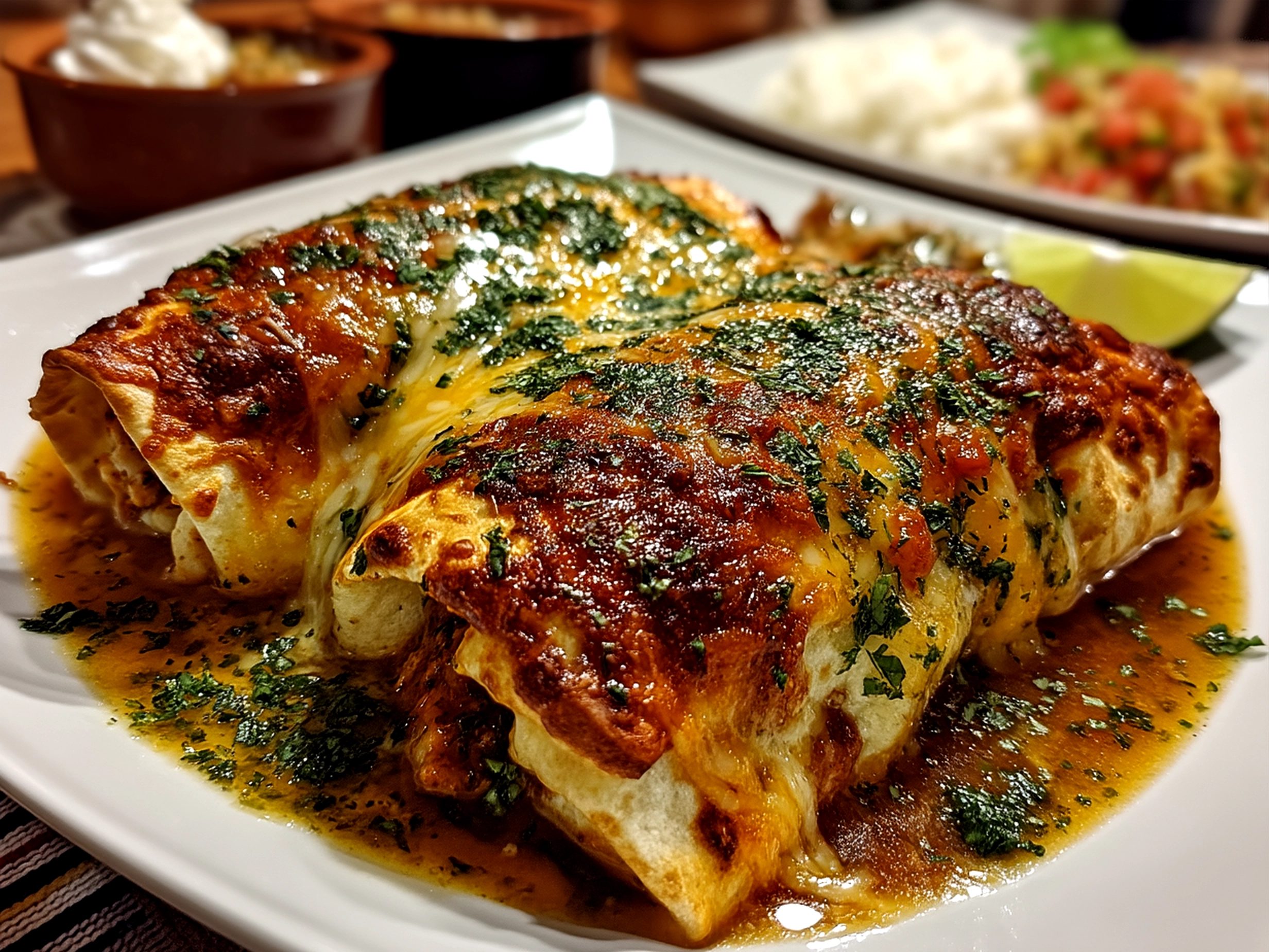 Loaded Wet Burritos with Spicy Verde Sauce served on a plate with garnish