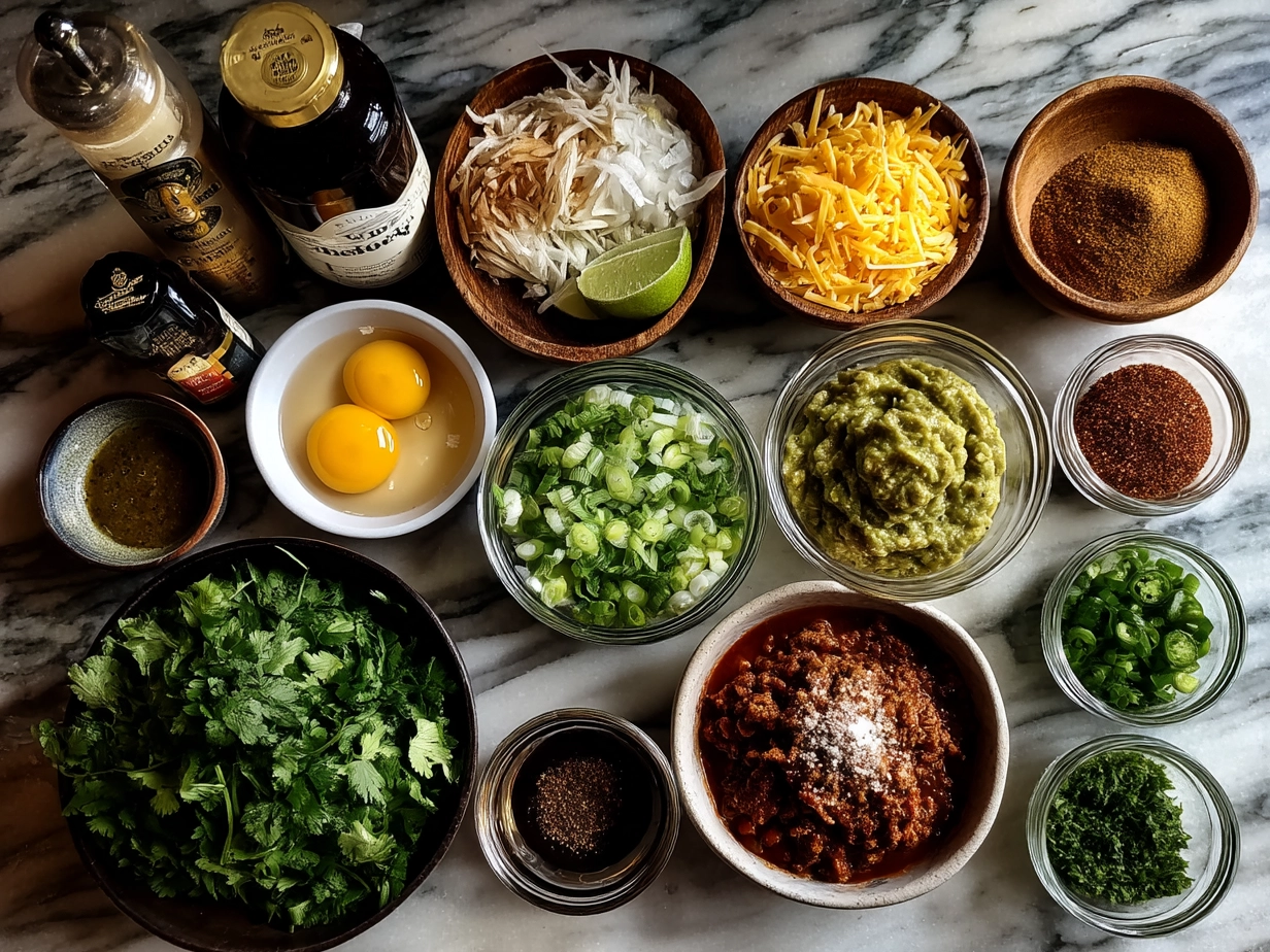 Ingredients for Loaded Wet Burritos with Spicy Verde Sauce on a wooden table