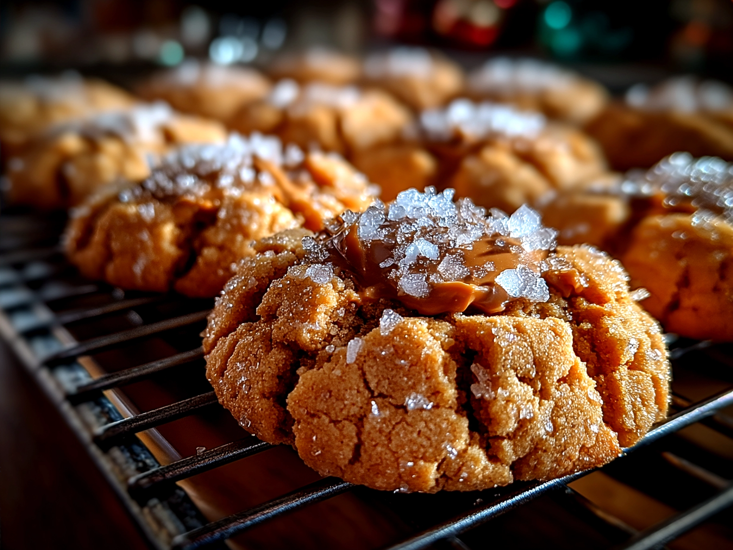 Finished Peanut Butter Blossoms cookies arranged on a festive platter for serving