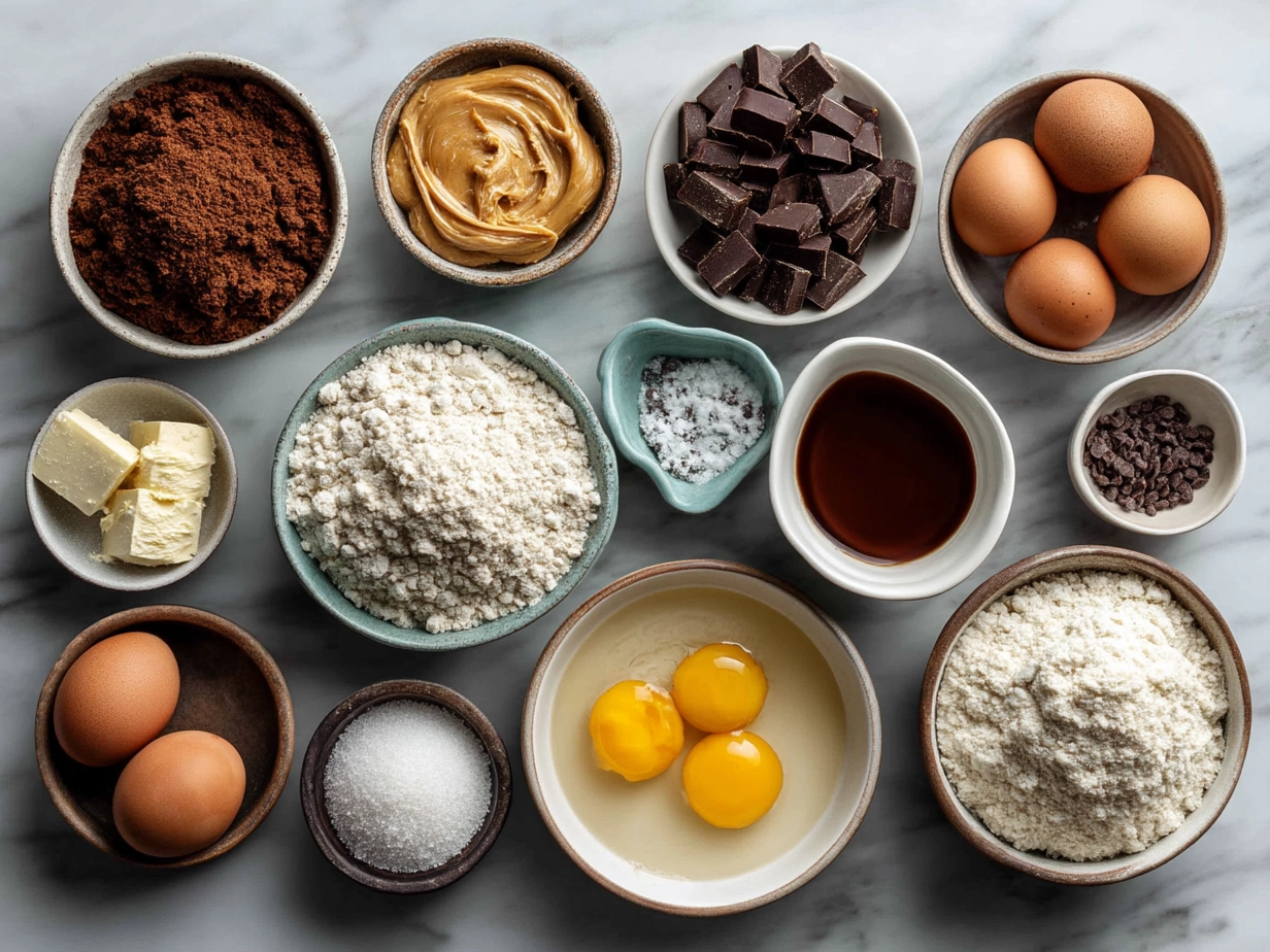 Ingredients for Peanut Butter Blossoms including peanut butter, butter, sugars, flour, and chocolate kisses