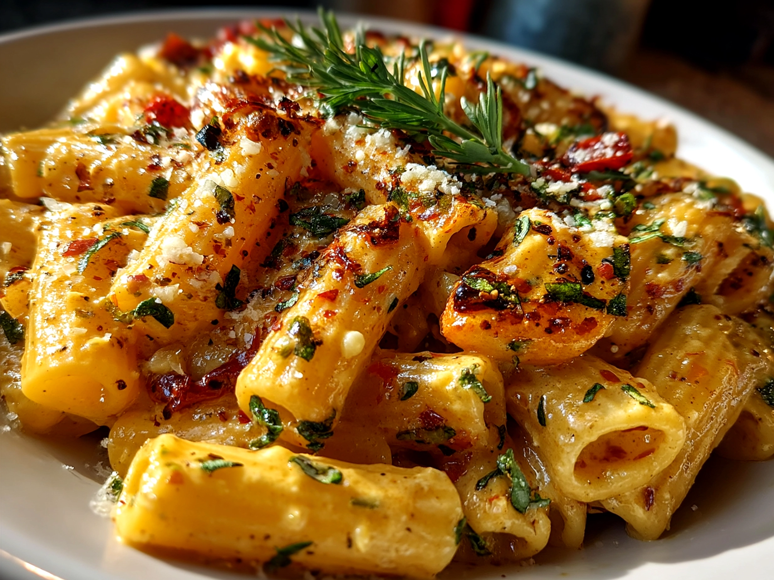 Serving Pink Creamy Vegan Pasta in a bowl with fresh herbs