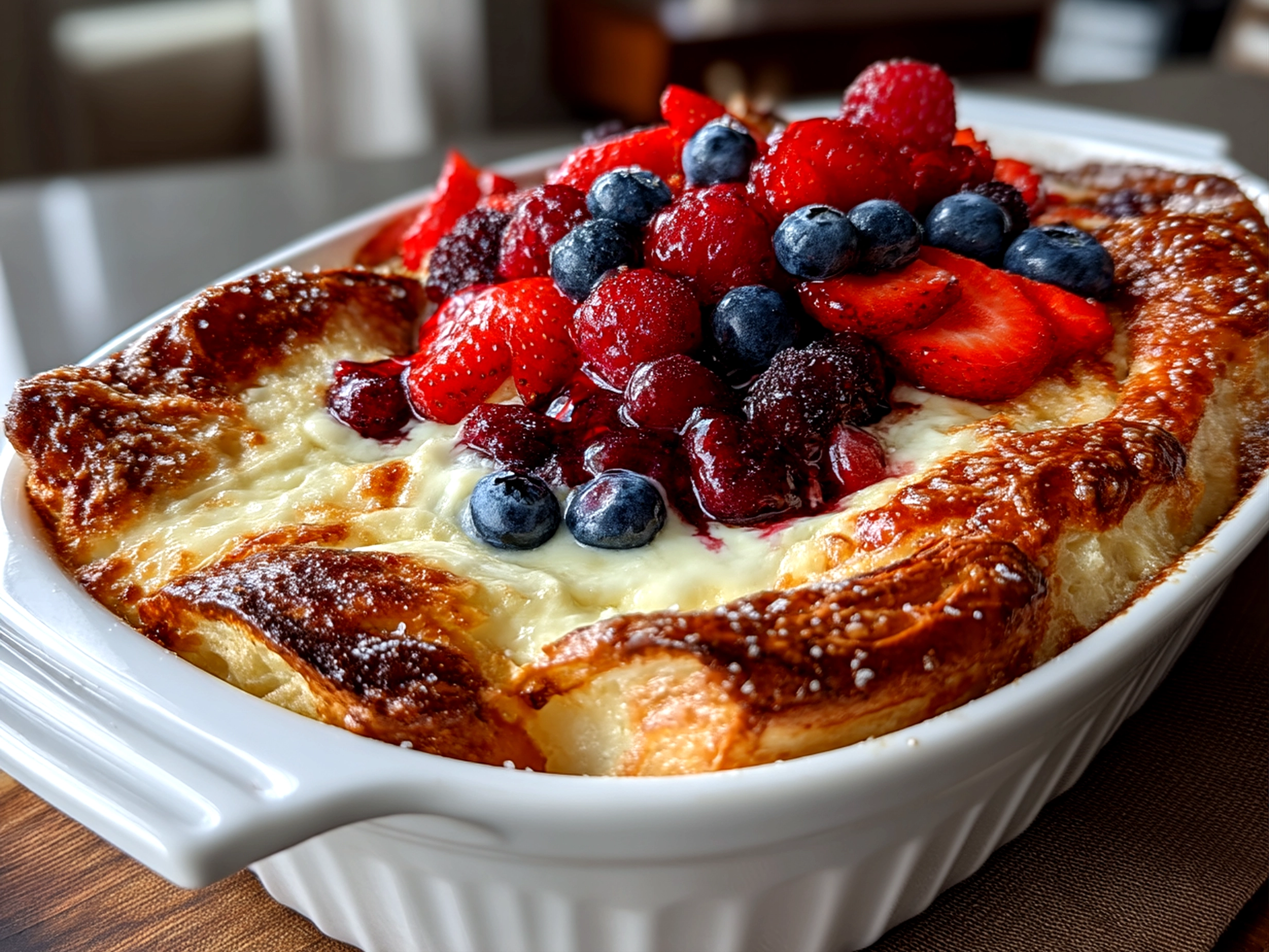 Close-up of finished comforting Berry Croissant Breakfast Bake