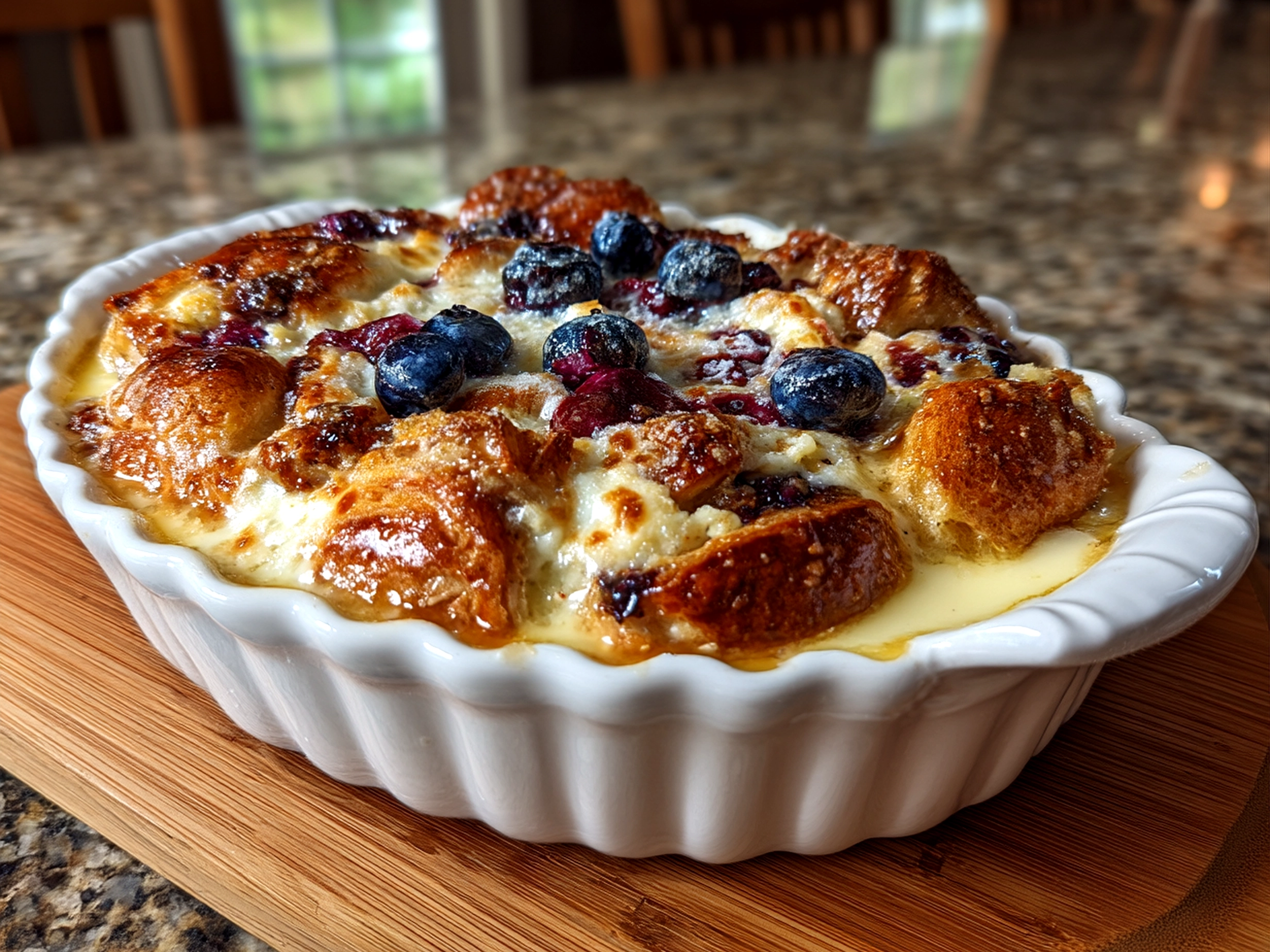 Close-up of a finished Blueberry Cream Cheese Croissant Casserole with a golden top