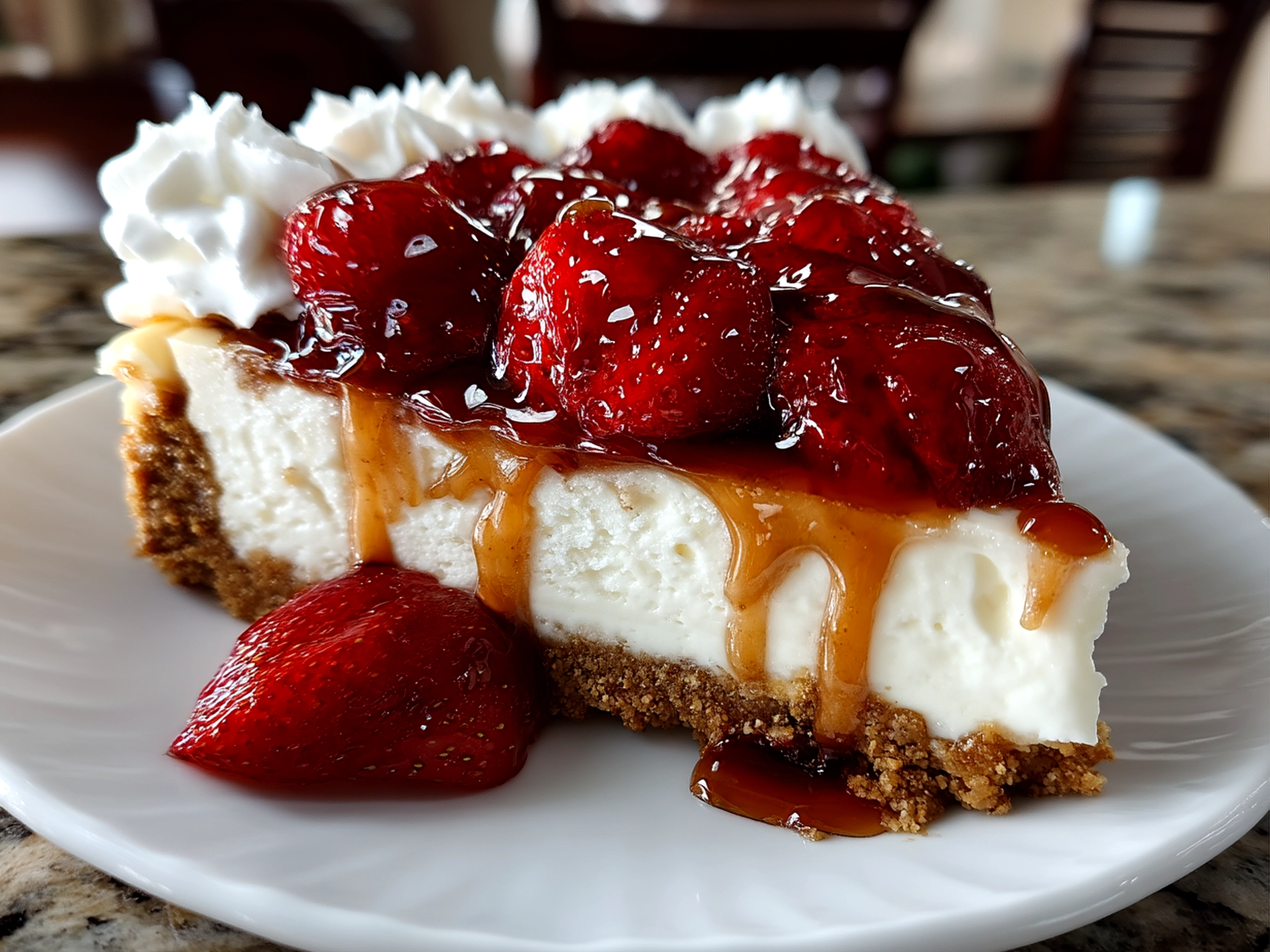 Close-up image of finished comforting No-Bake Greek Yogurt Jello Cheesecake on a serving plate