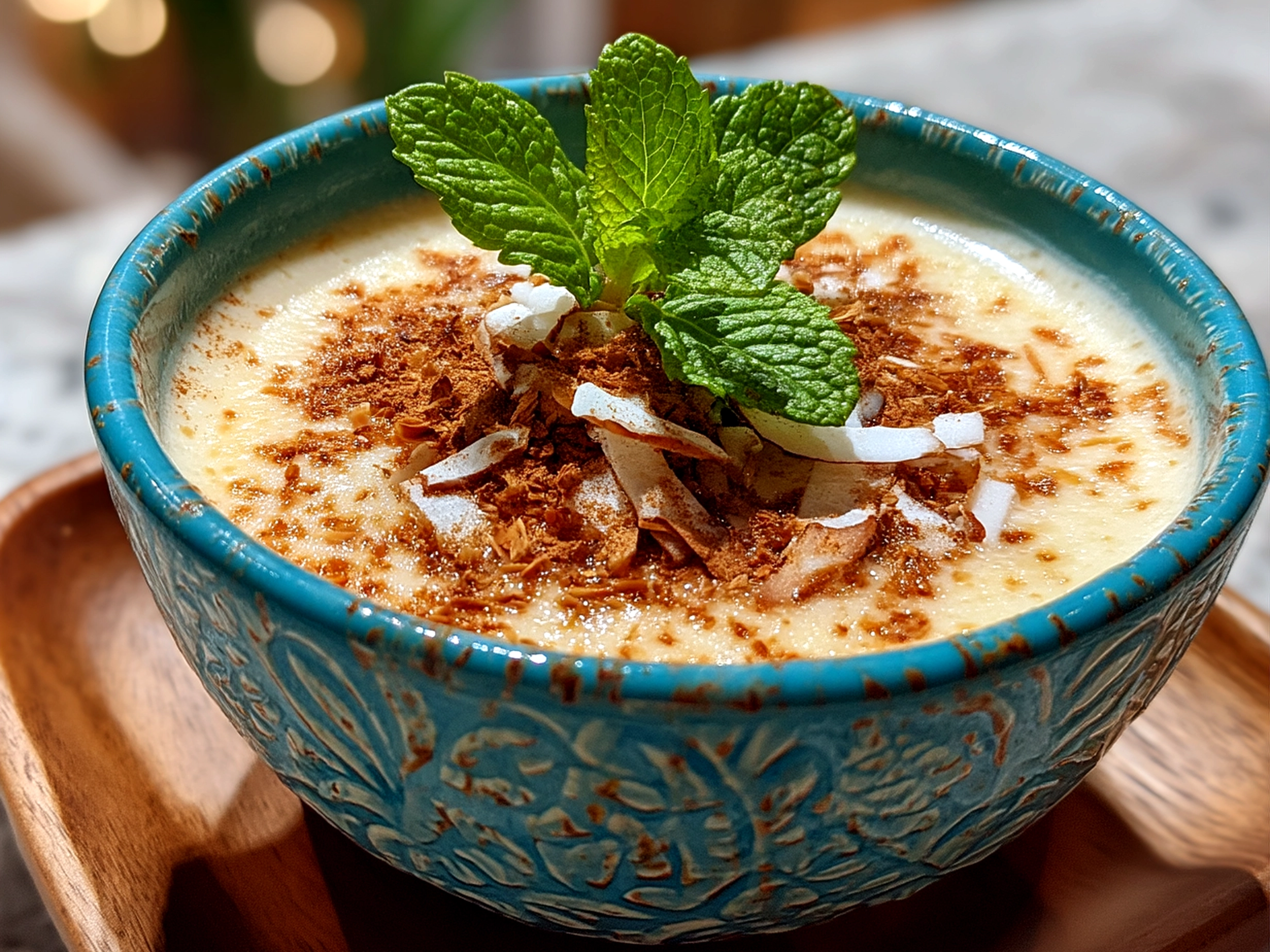 Slight angle close-up of finished delicious Coquito Puerto Rican Coconut