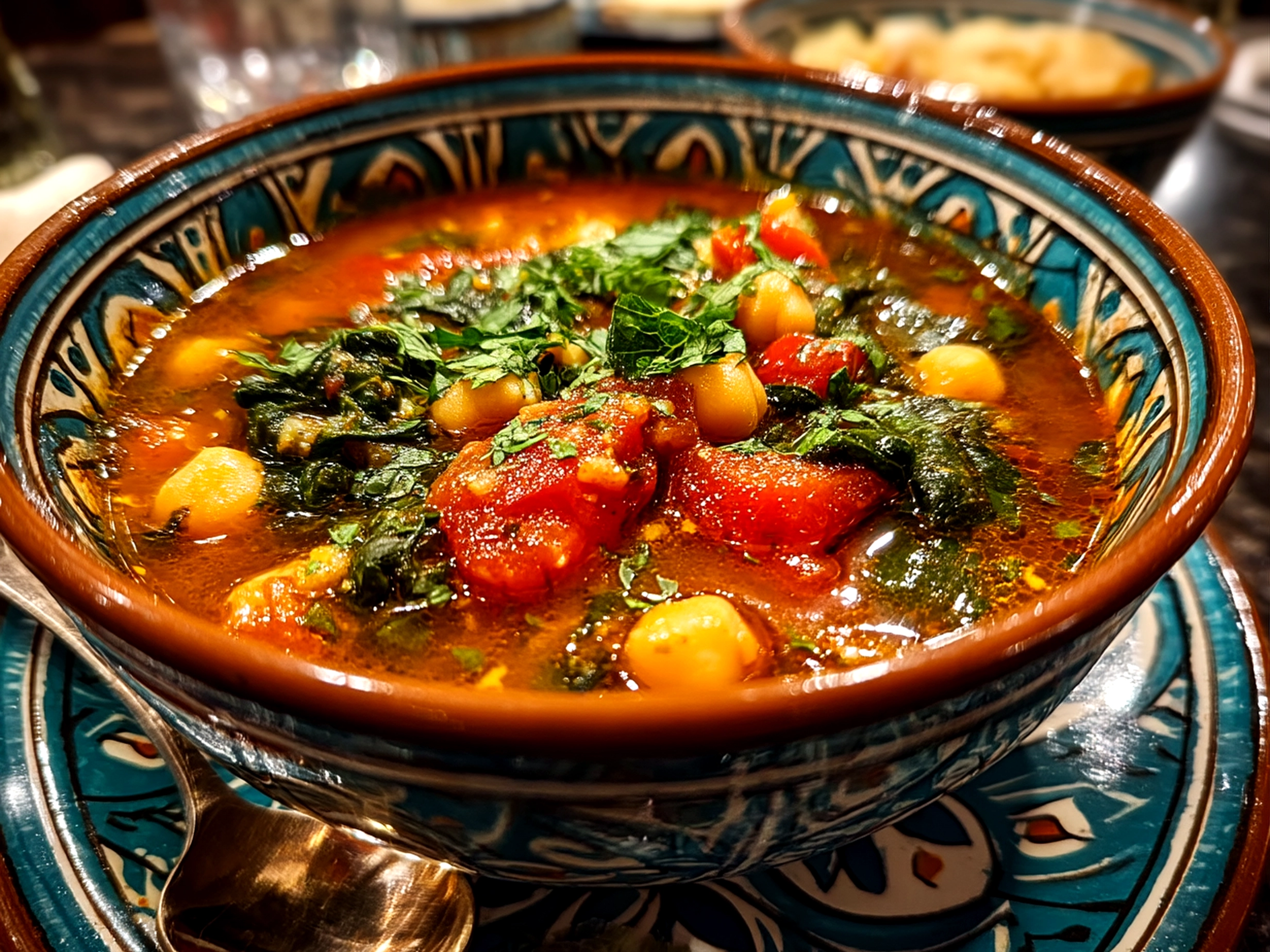 Slight angle close-up of finished Greek Chickpea Soup with rich inviting texture