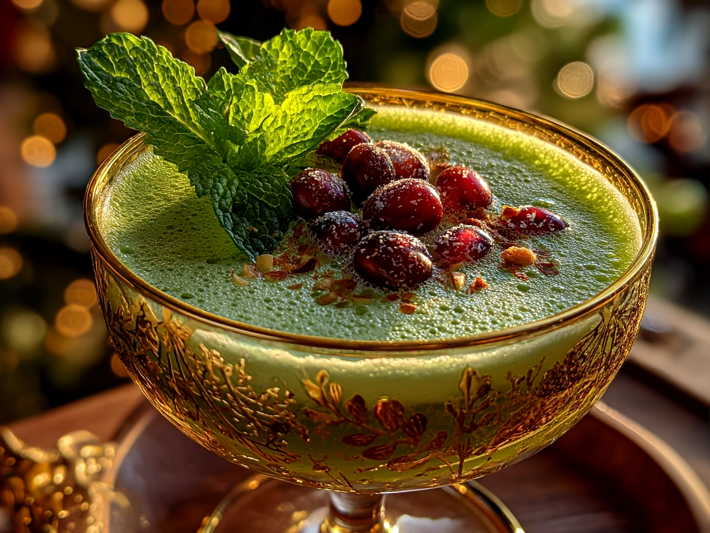 Slight angle close-up of finished vibrant green Grinch Cocktail Drink garnished with lime wheel