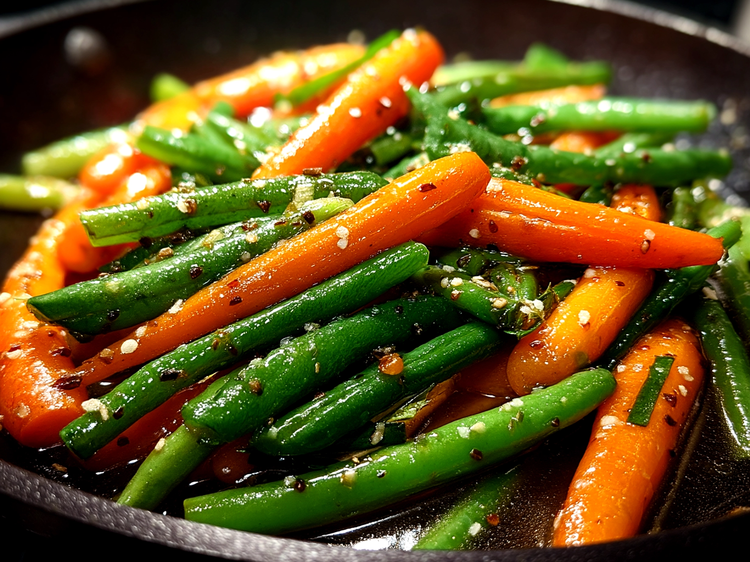 Close-up of finished honey glazed carrots and green beans