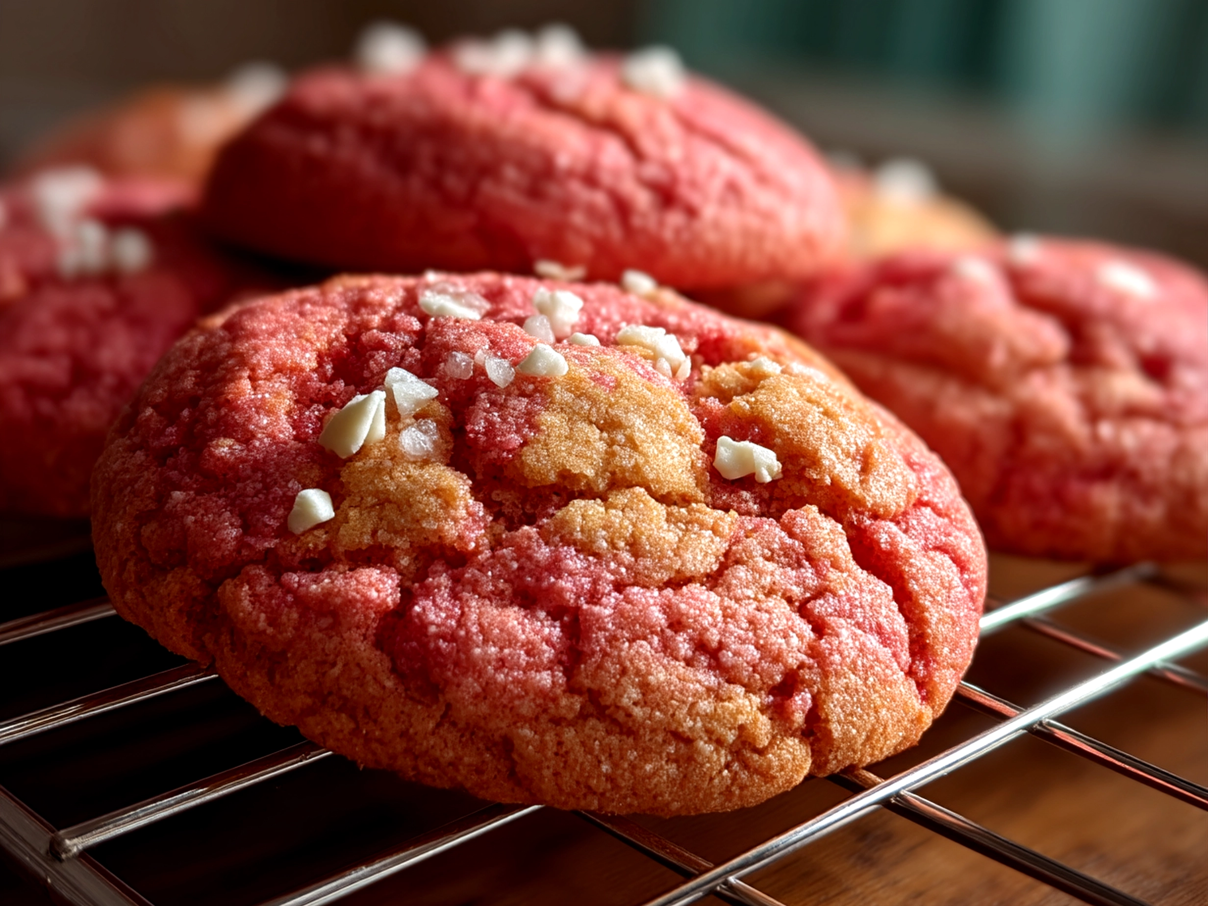 Close-up of finished Strawberry Cake Mix Cookies with rich inviting texture
